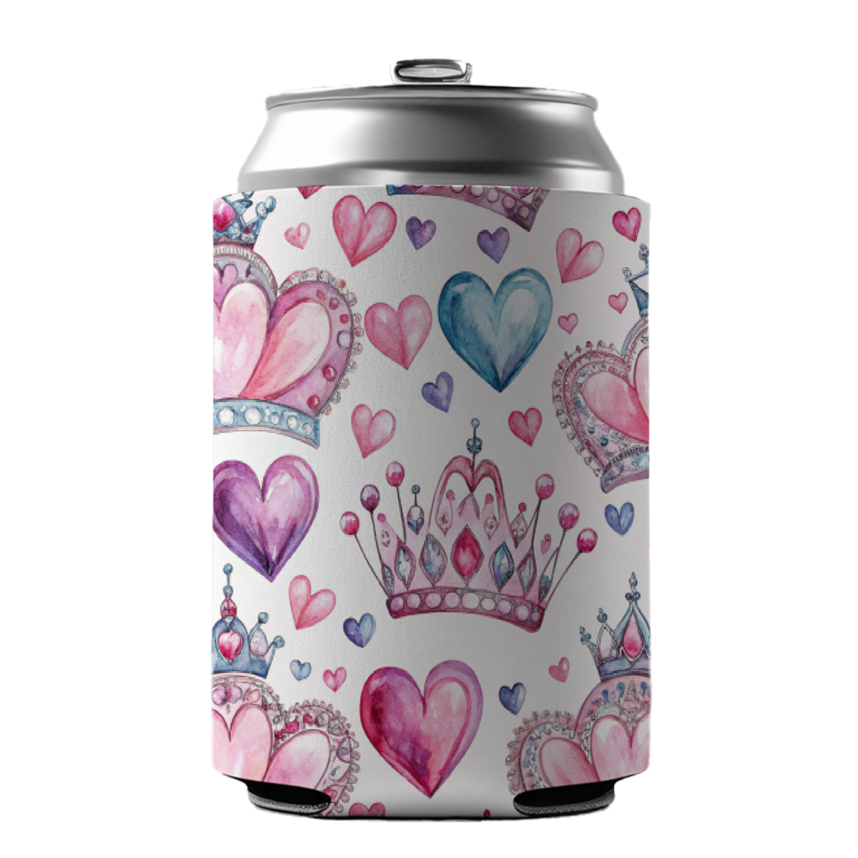 Tiaras Crowns Royalty Hearts Watercolor Can Cooler Beer Soda Drink Insulated Holder Sleeve Hugger