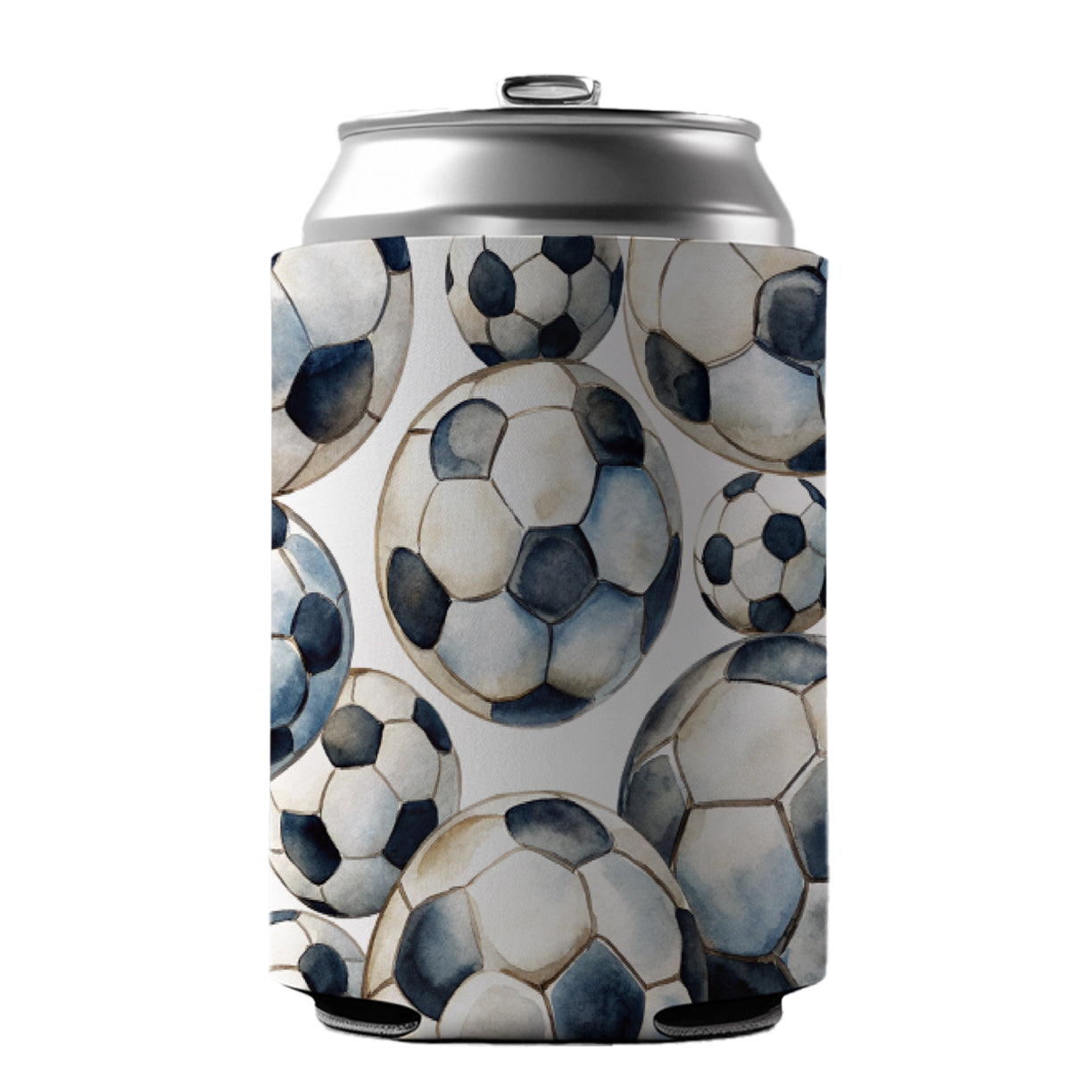 White Black Soccer Balls Watercolor Can Cooler Beer Soda Drink Insulated Holder Sleeve Hugger