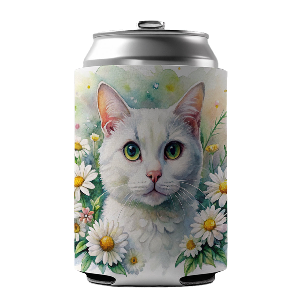 White Cat Watercolor Design With Daisies Can Cooler Beer Soda Drink Insulated Holder Sleeve Hugger