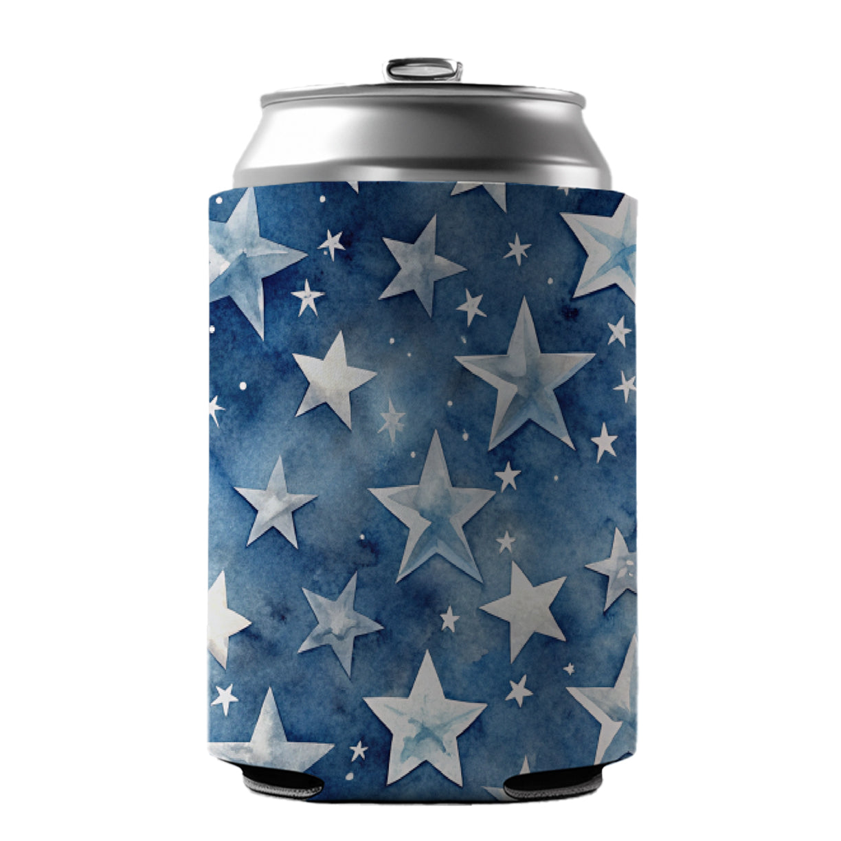 White Stars Blue Background Watercolor Can Cooler Beer Soda Drink Insulated Holder Sleeve Hugger
