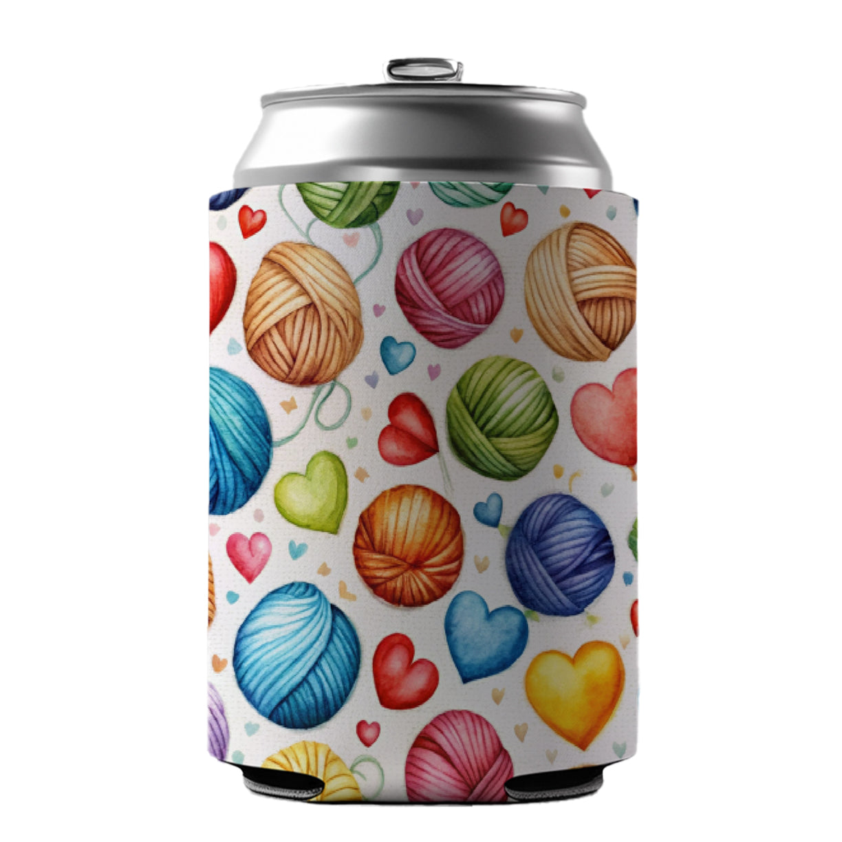 Yarn Knitting Crochet Balls Hearts Watercolor Can Cooler Beer Soda Drink Insulated Holder Sleeve Hugger