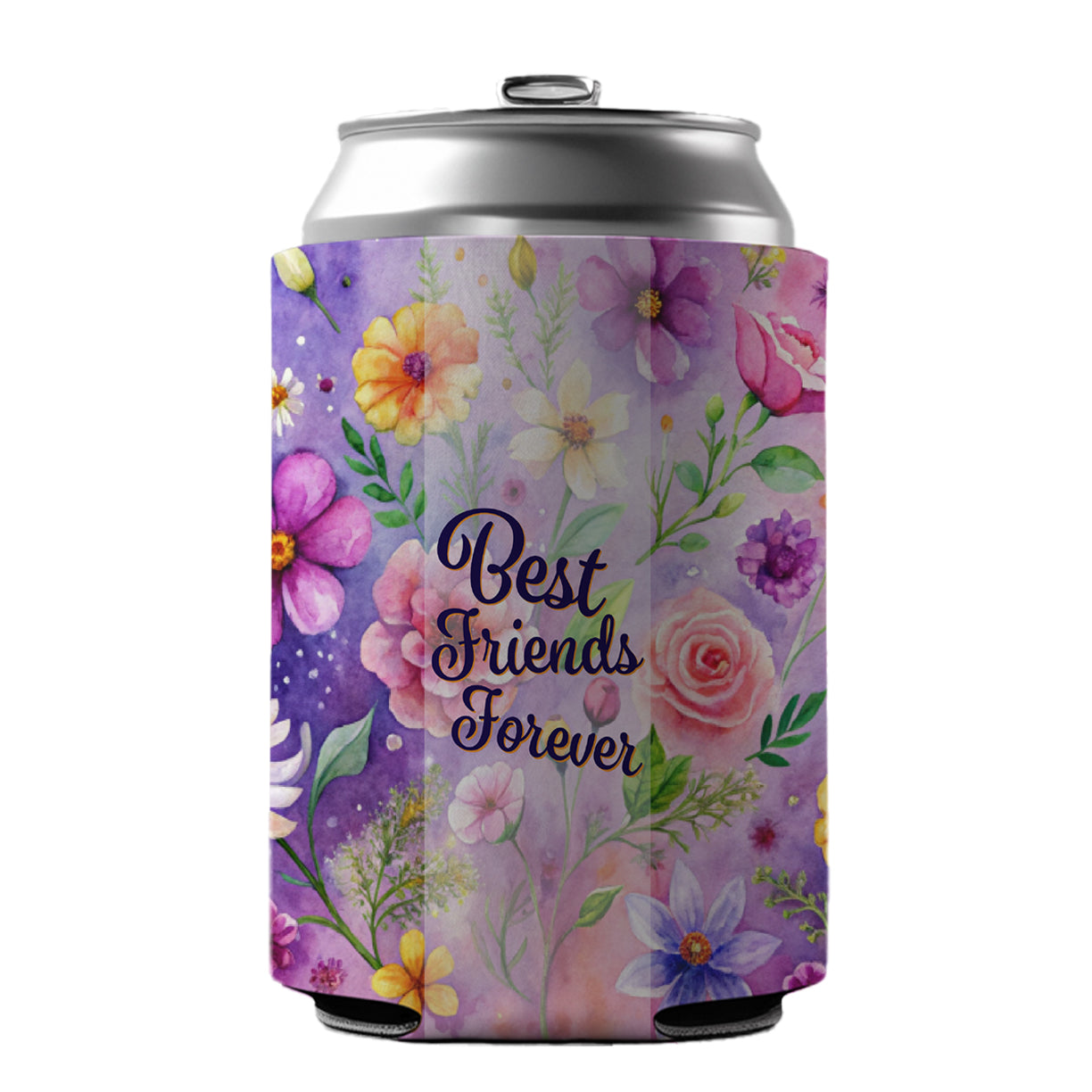 Best Friends Forever Flowers Purple Background Can Cooler Beer Soda Drink Insulated Holder Sleeve Hugger