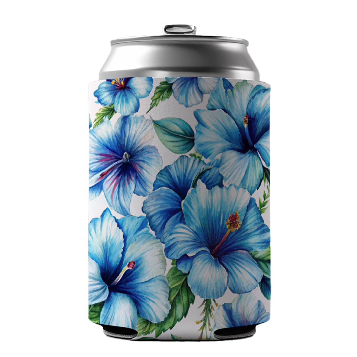 Blue Hibiscus Flowers Watercolor Can Cooler Beer Soda Drink Insulated Holder Sleeve Hugger