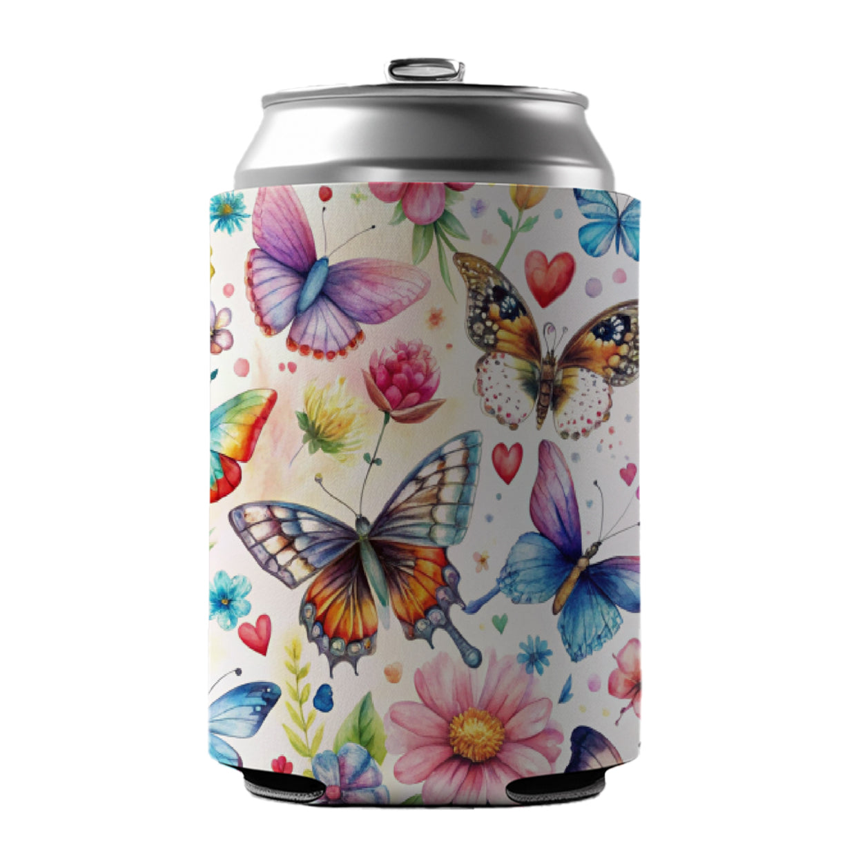 Butterflies Hearts Flowers Beautiful Watercolor Can Cooler Beer Soda Drink Insulated Holder Sleeve Hugger