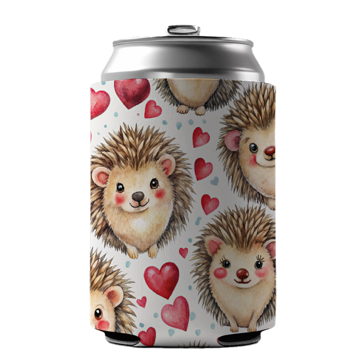 Chibi Hedgehogs And Hearts Watercolor Can Cooler Beer Soda Drink Insulated Holder Sleeve Hugger