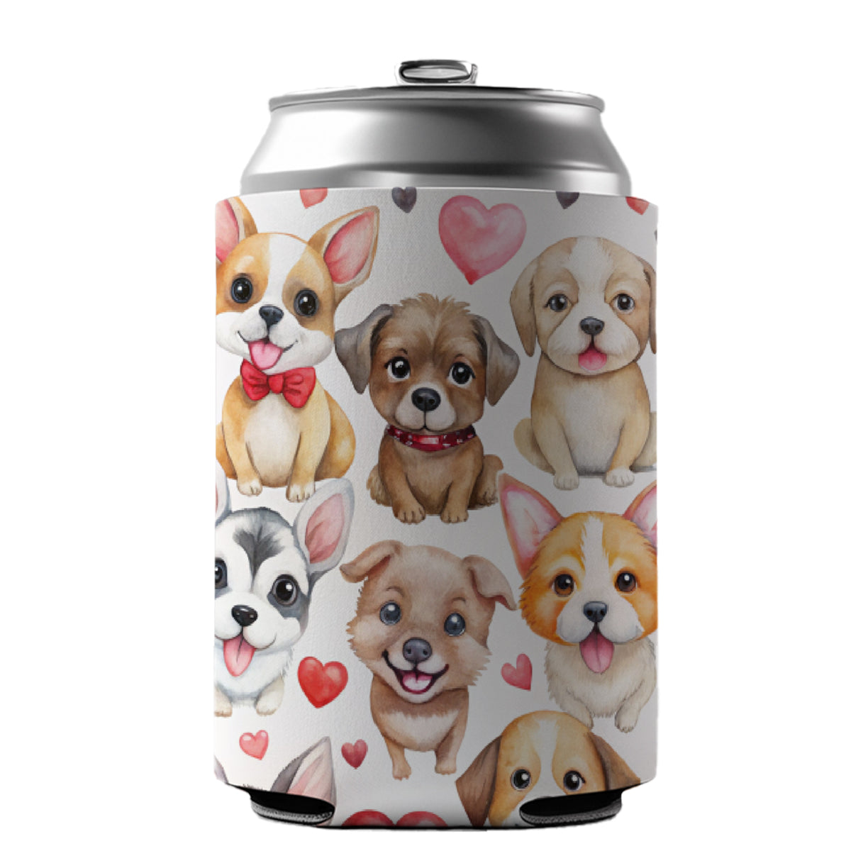 Cute Fun Dogs Hearts Watercolor Can Cooler Beer Soda Drink Insulated Holder Sleeve Hugger