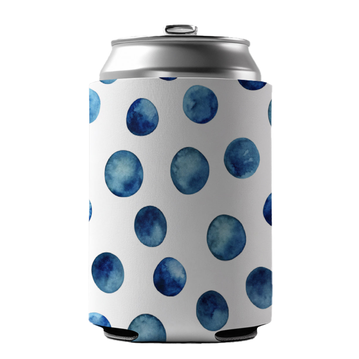Dark Blue Polka Dots Fun White Background Can Cooler Beer Soda Drink Insulated Holder Sleeve Hugger