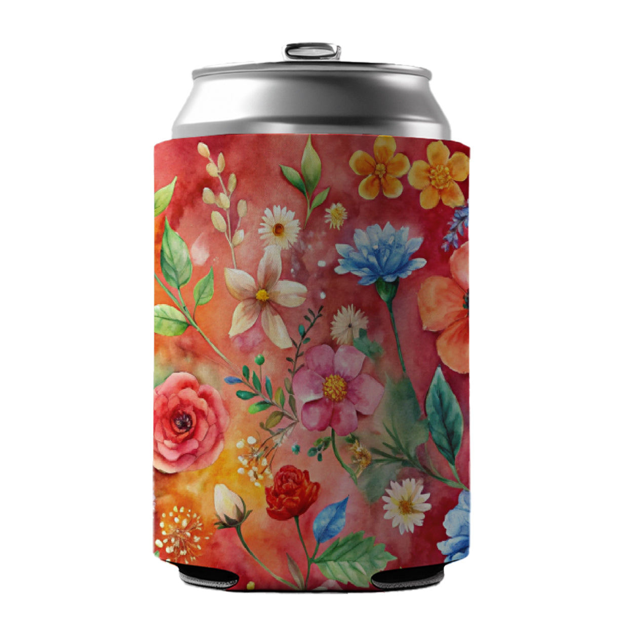 Flowers Red Background Watercolor Can Cooler Beer Soda Drink Insulated Holder Sleeve Hugger