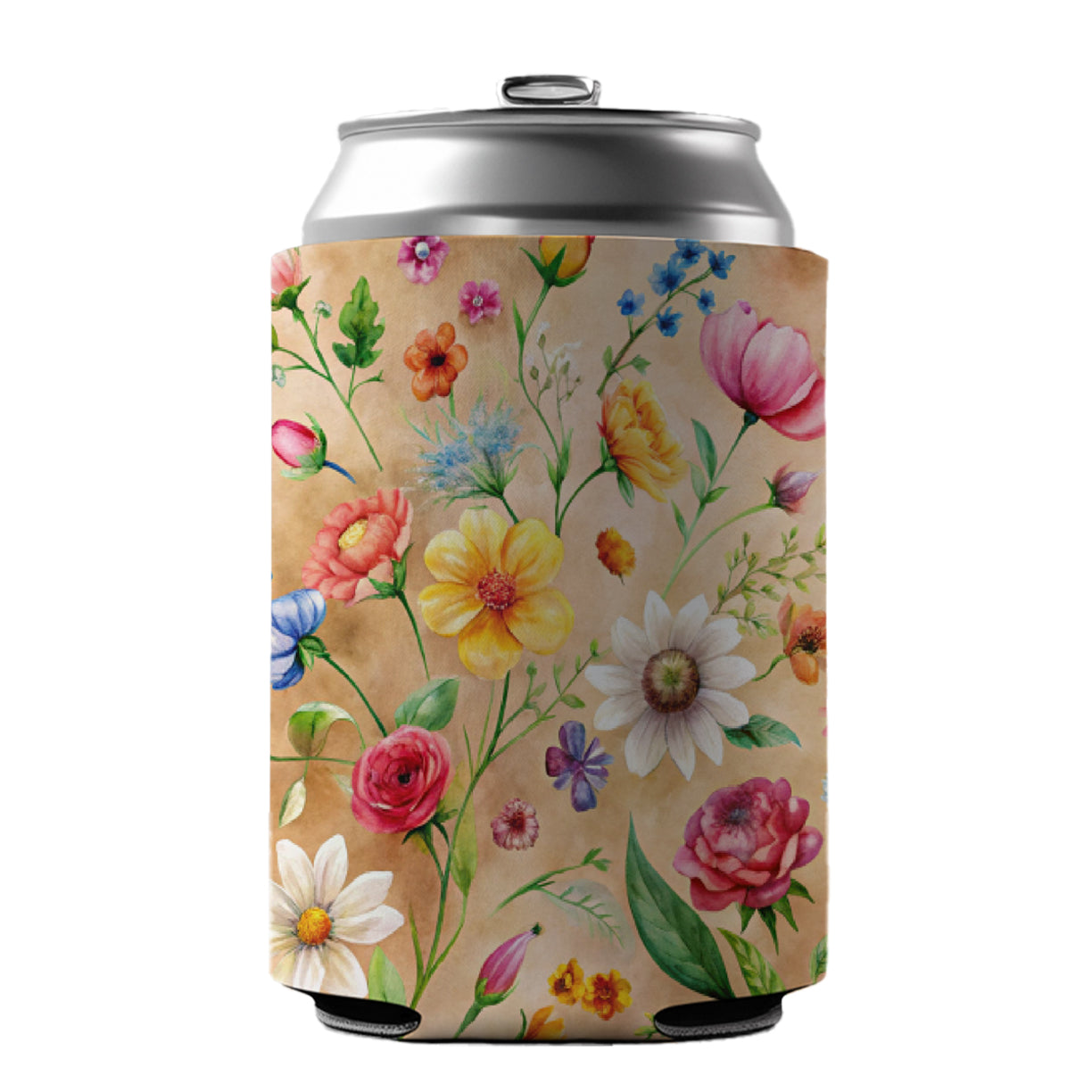 Flowers Tan Background Watercolor Can Cooler Beer Soda Drink Insulated Holder Sleeve Hugger