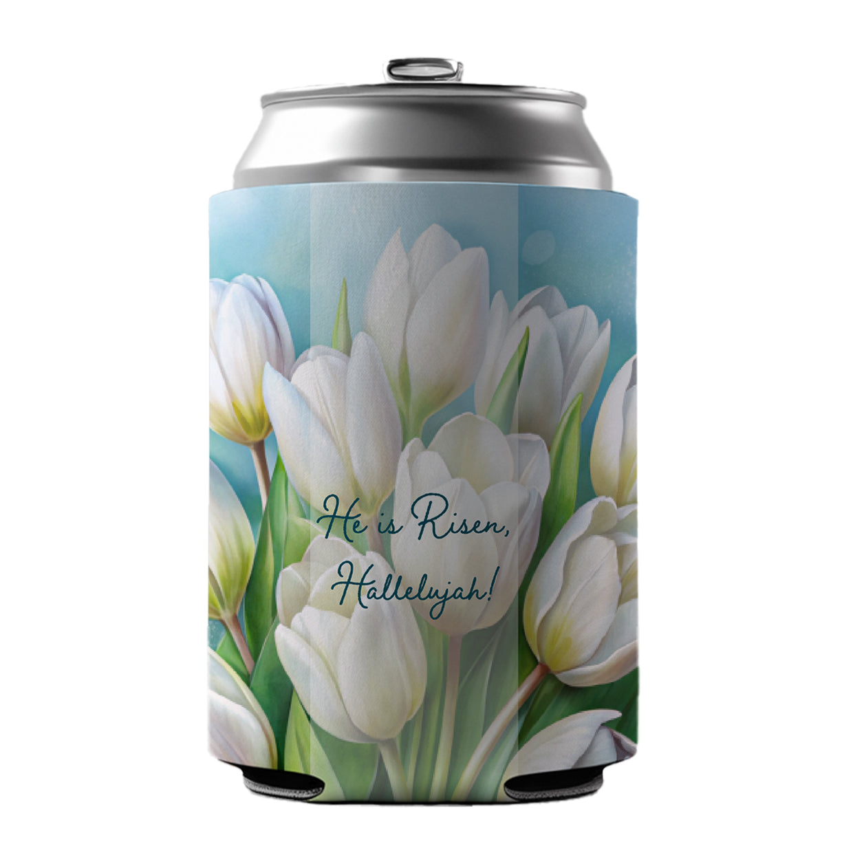 He Is Risen Hallelujah Easter Christian White Tulips Flowers Can Cooler Beer Soda Drink Insulated Holder Sleeve Hugger