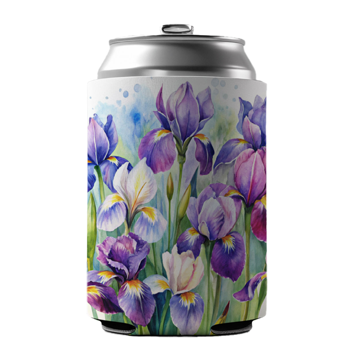 Iris Purple Pretty Flowers Watercolor Can Cooler Beer Soda Drink Insulated Holder Sleeve Hugger