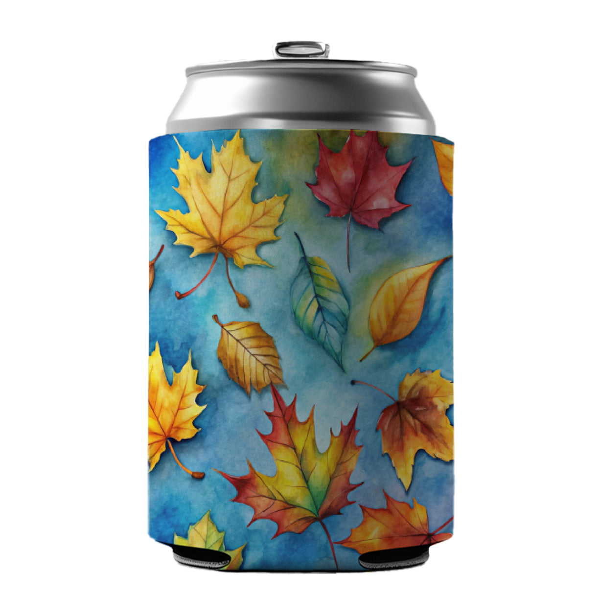 Leaves Blue Background Watercolor Can Cooler Beer Soda Drink Insulated Holder Sleeve Hugger