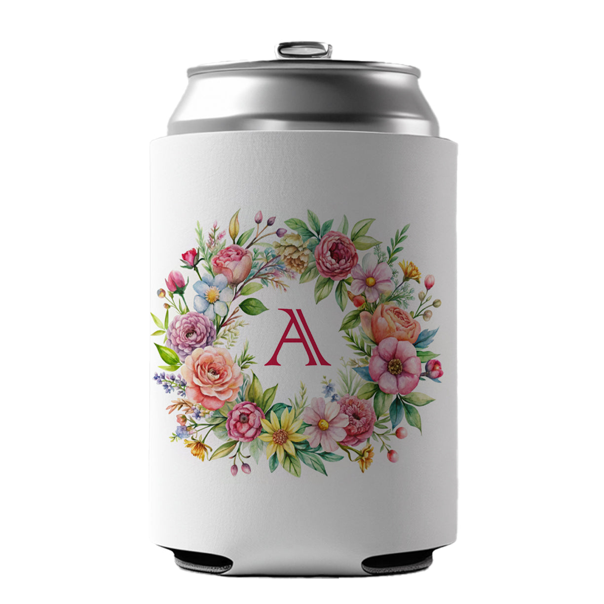 Letter A Initial Monogram Flowers Floral Can Cooler Beer Soda Drink Insulated Holder Sleeve Hugger