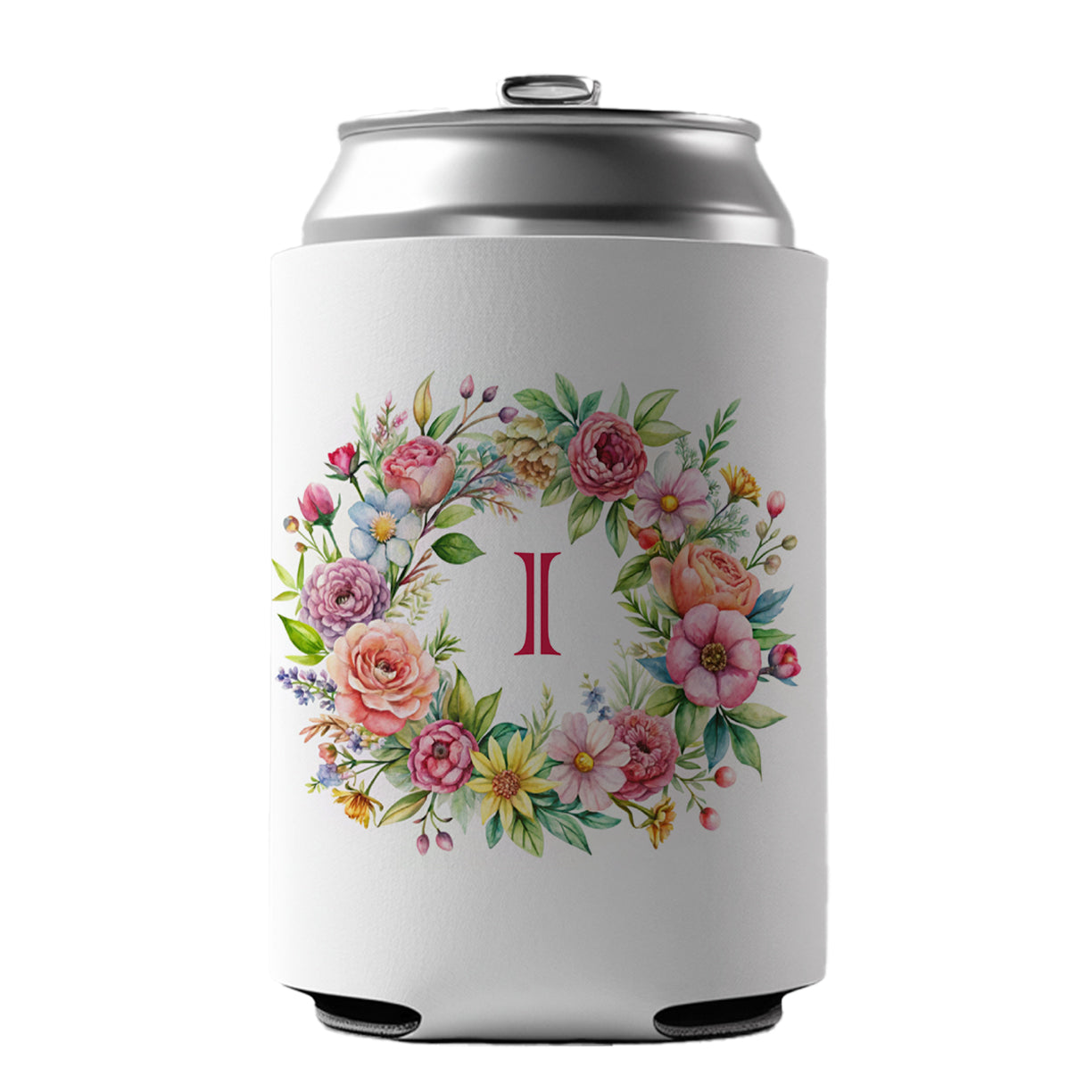 Letter I Initial Monogram Flowers Floral Can Cooler Beer Soda Drink Insulated Holder Sleeve Hugger