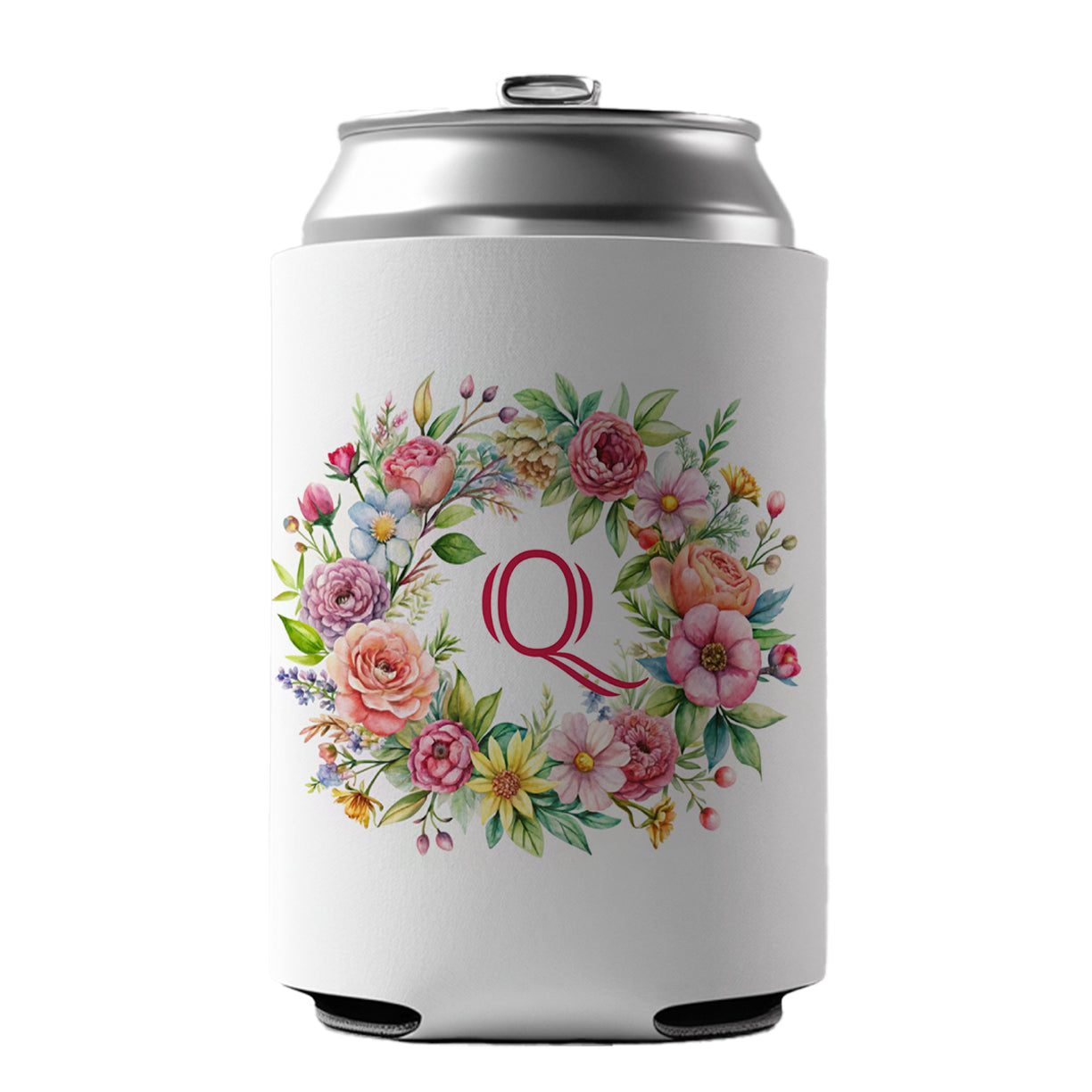 Letter Q Initial Monogram Flowers Floral Can Cooler Beer Soda Drink Insulated Holder Sleeve Hugger