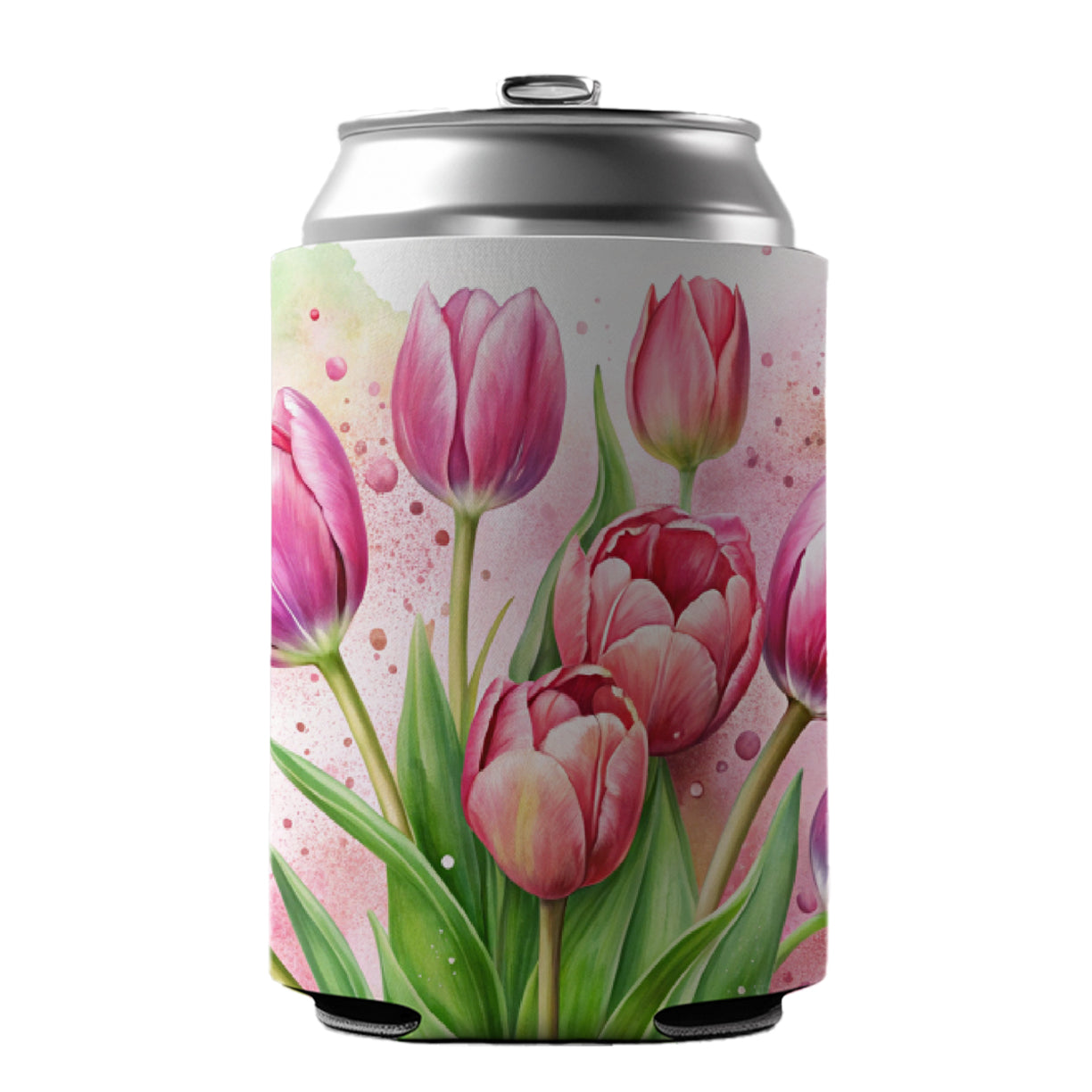 Pink Tulips Flowers Watercolor Can Cooler Beer Soda Drink Insulated Holder Sleeve Hugger