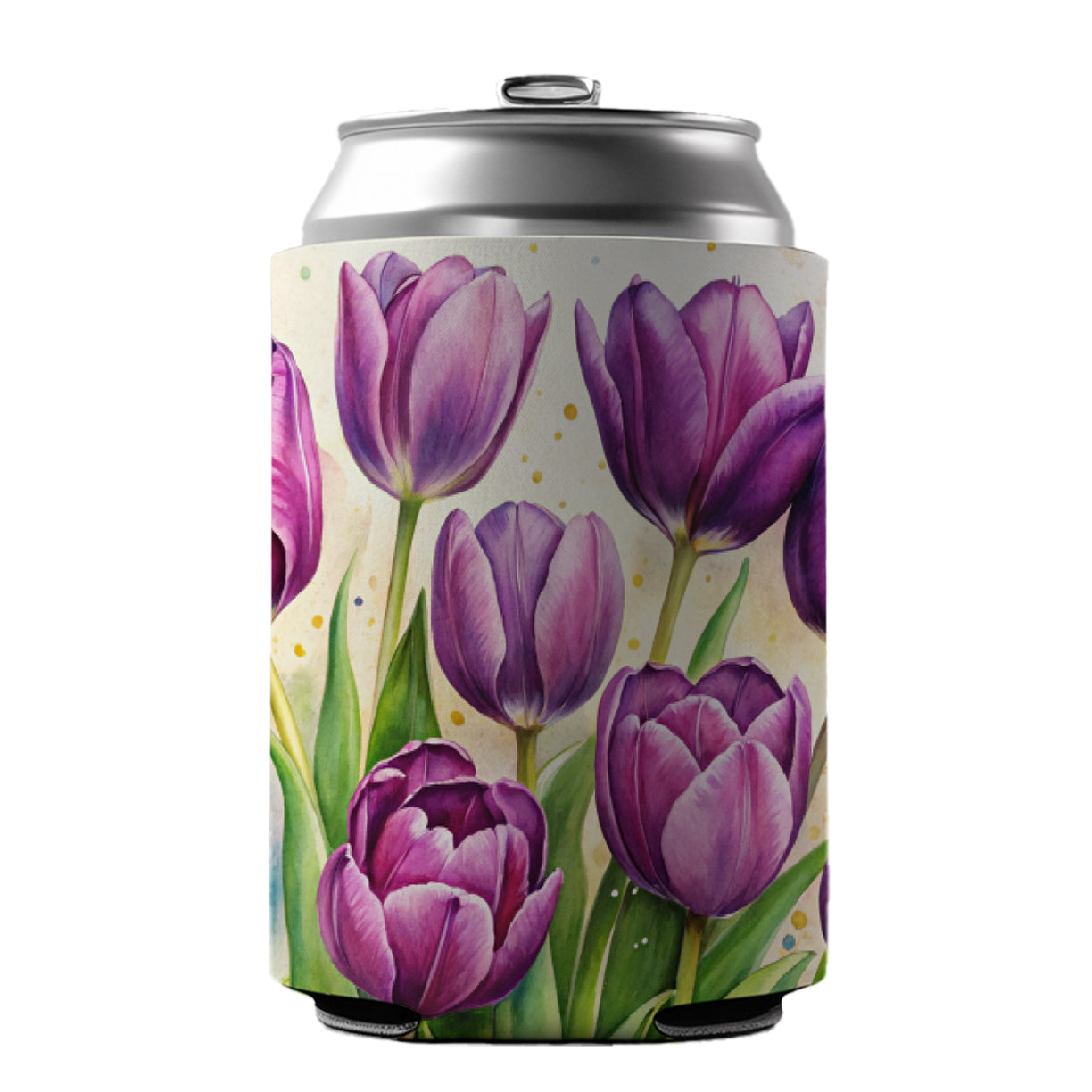 Purple Tulips Flowers Watercolor Can Cooler Beer Soda Drink Insulated Holder Sleeve Hugger
