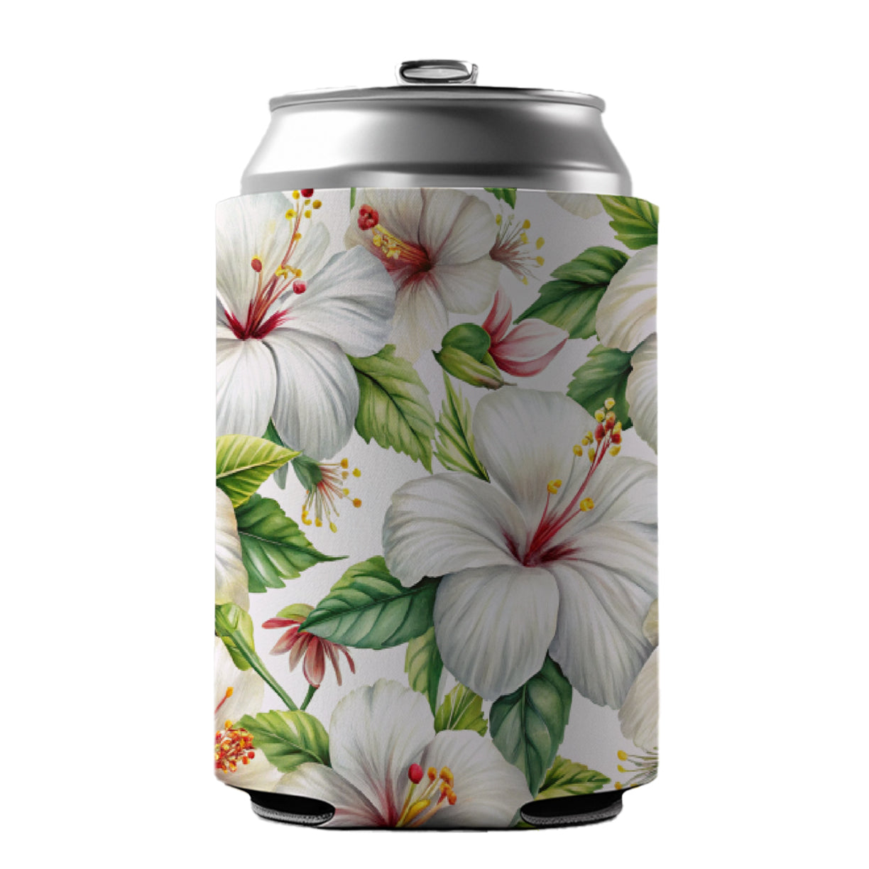 White Hibiscus Flowers Watercolor Can Cooler Beer Soda Drink Insulated Holder Sleeve Hugger
