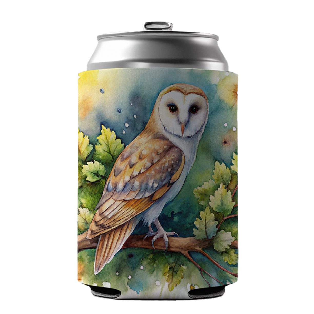 Barn Owl In Tree Watercolor Can Cooler Beer Soda Drink Insulated Holder Sleeve Hugger