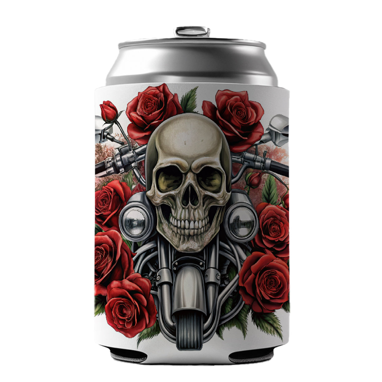Biker Style Skulls And Roses Motorcycle Can Cooler Beer Soda Drink Insulated Holder Sleeve Hugger