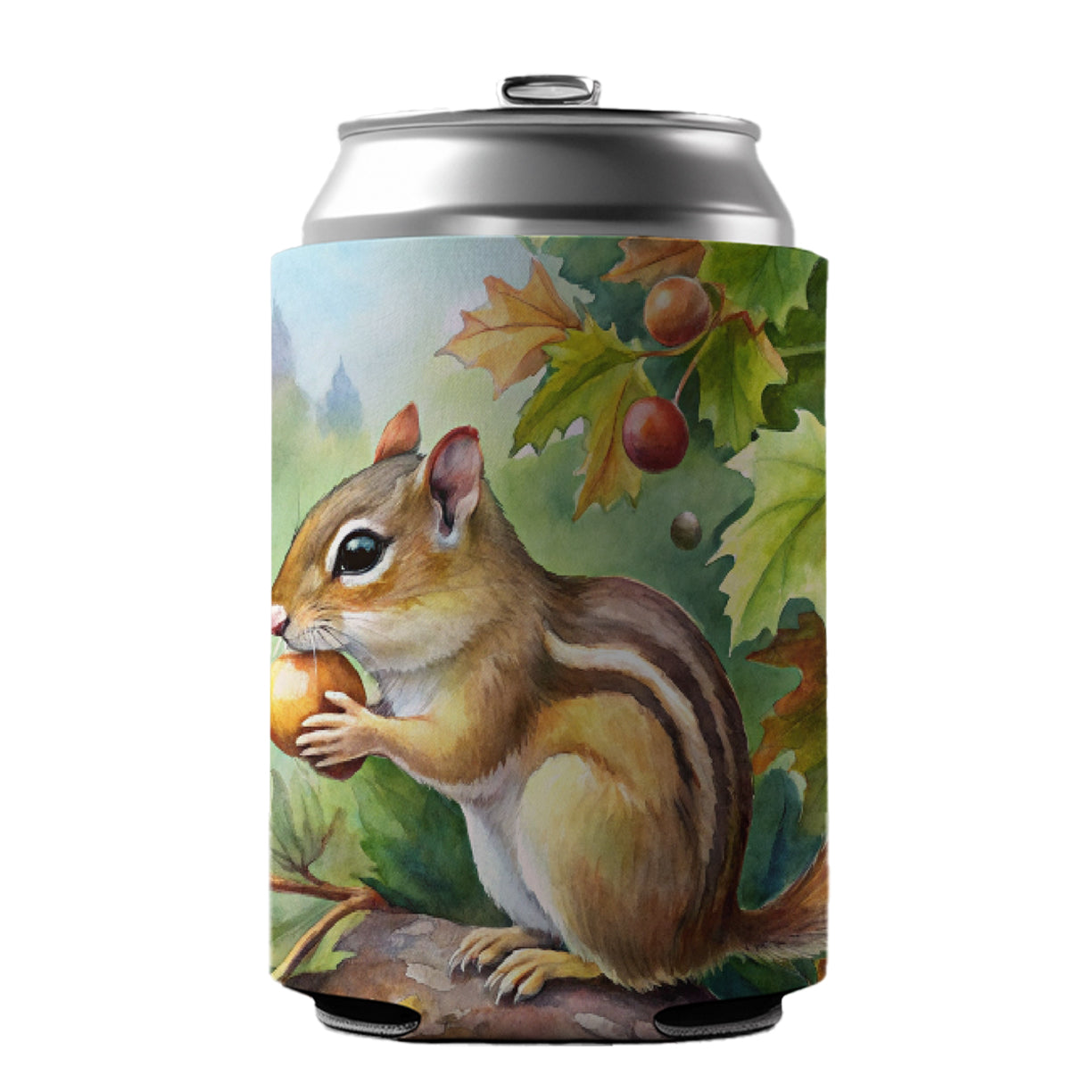 Chipmunk Eating Acorn In Tree Watercolor Can Cooler Beer Soda Drink Insulated Holder Sleeve Hugger