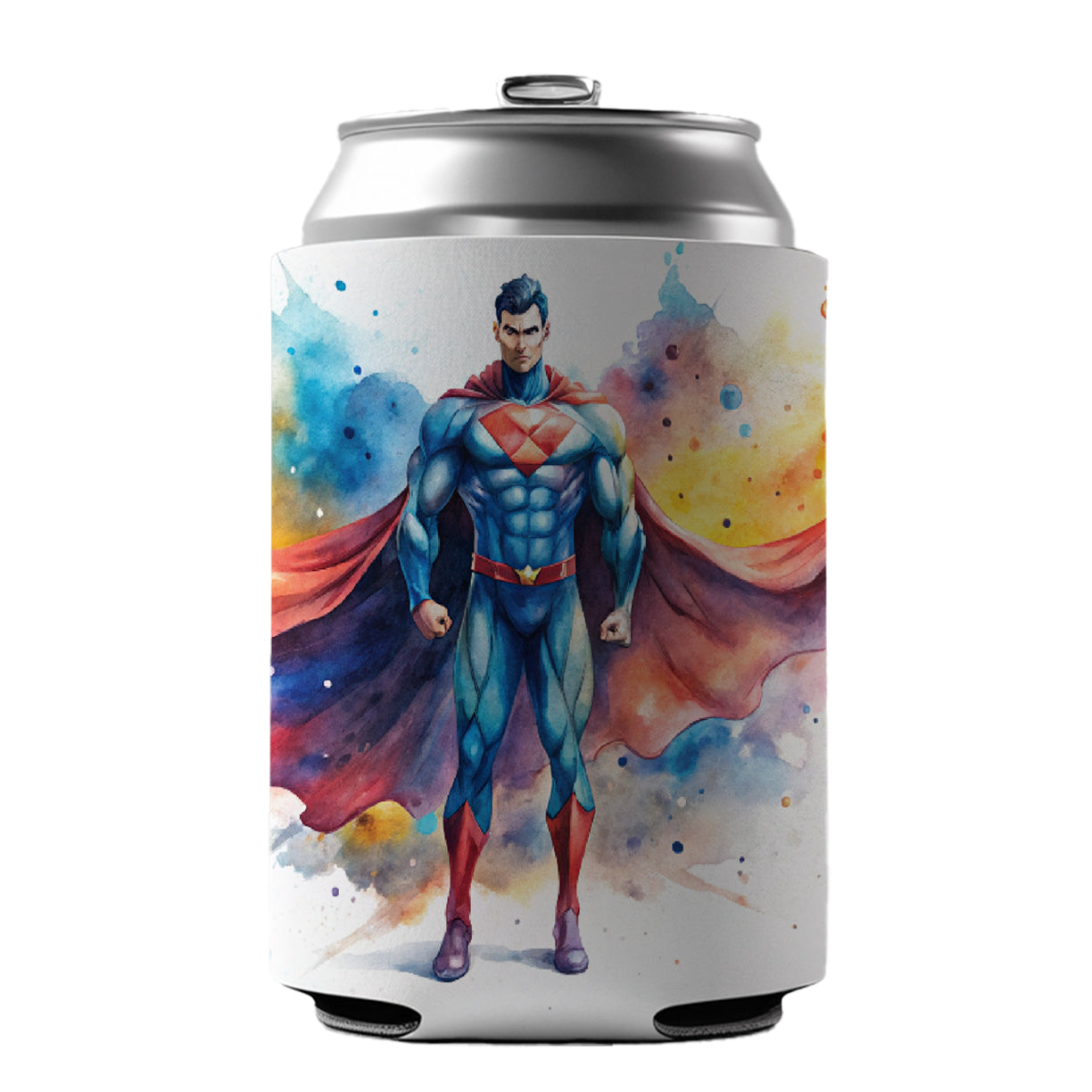 Classic Caped Superhero Watercolor Can Cooler Beer Soda Drink Insulated Holder Sleeve Hugger