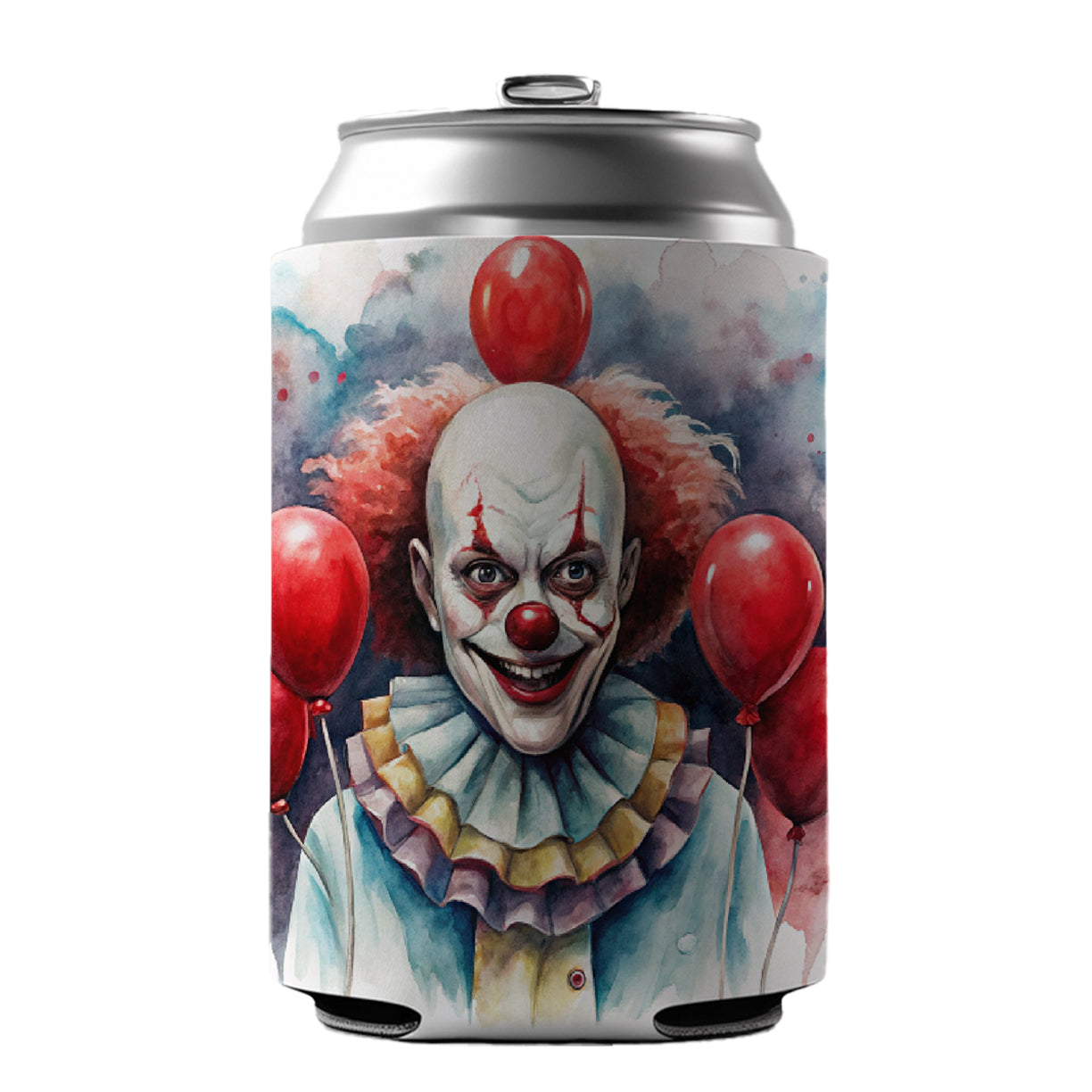 Creepy Scary Evil Clown With Red Balloons Watercolor Can Cooler Beer Soda Drink Insulated Holder Sleeve Hugger