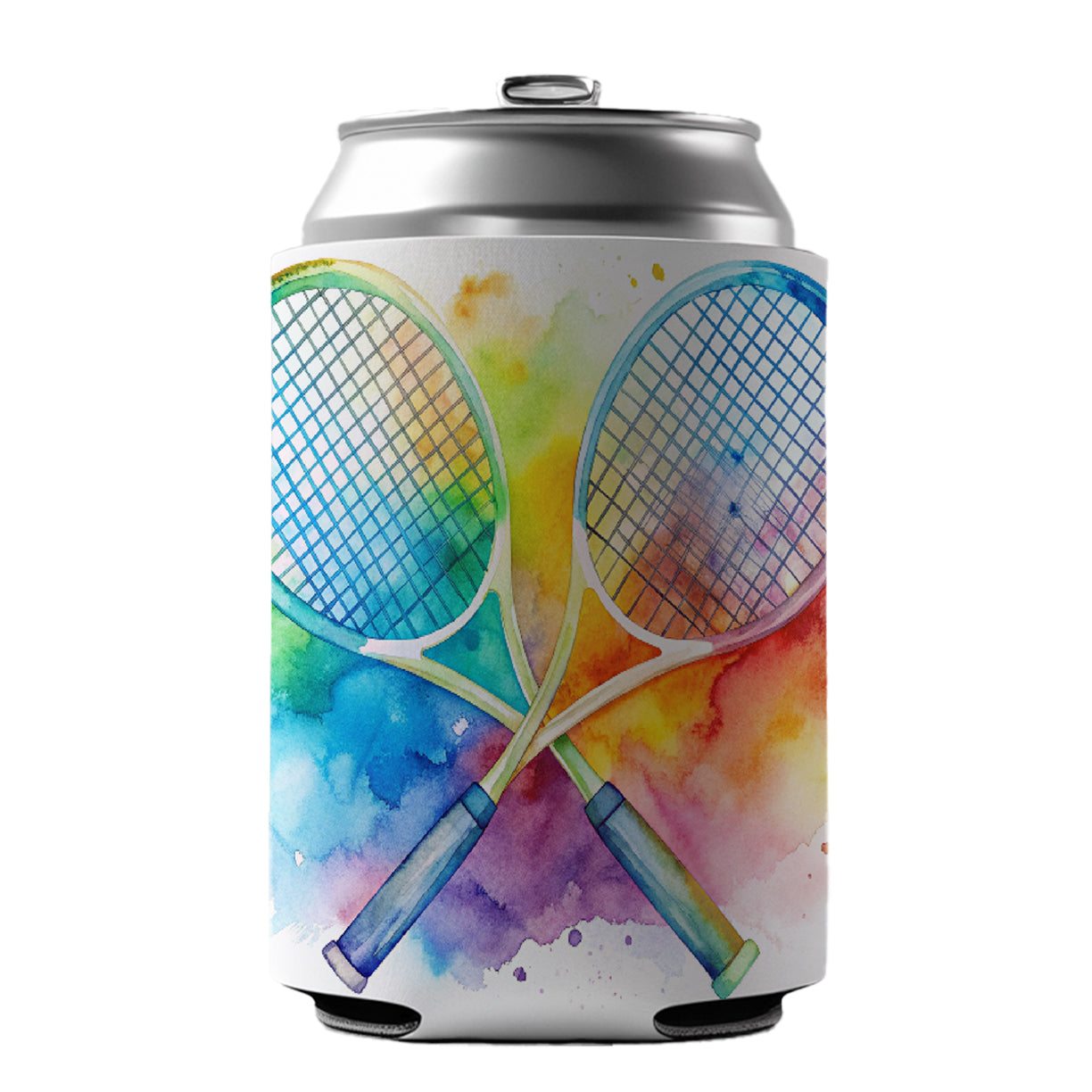 Crossed Tennis Rackets Watercolor Can Cooler Beer Soda Drink Insulated Holder Sleeve Hugger