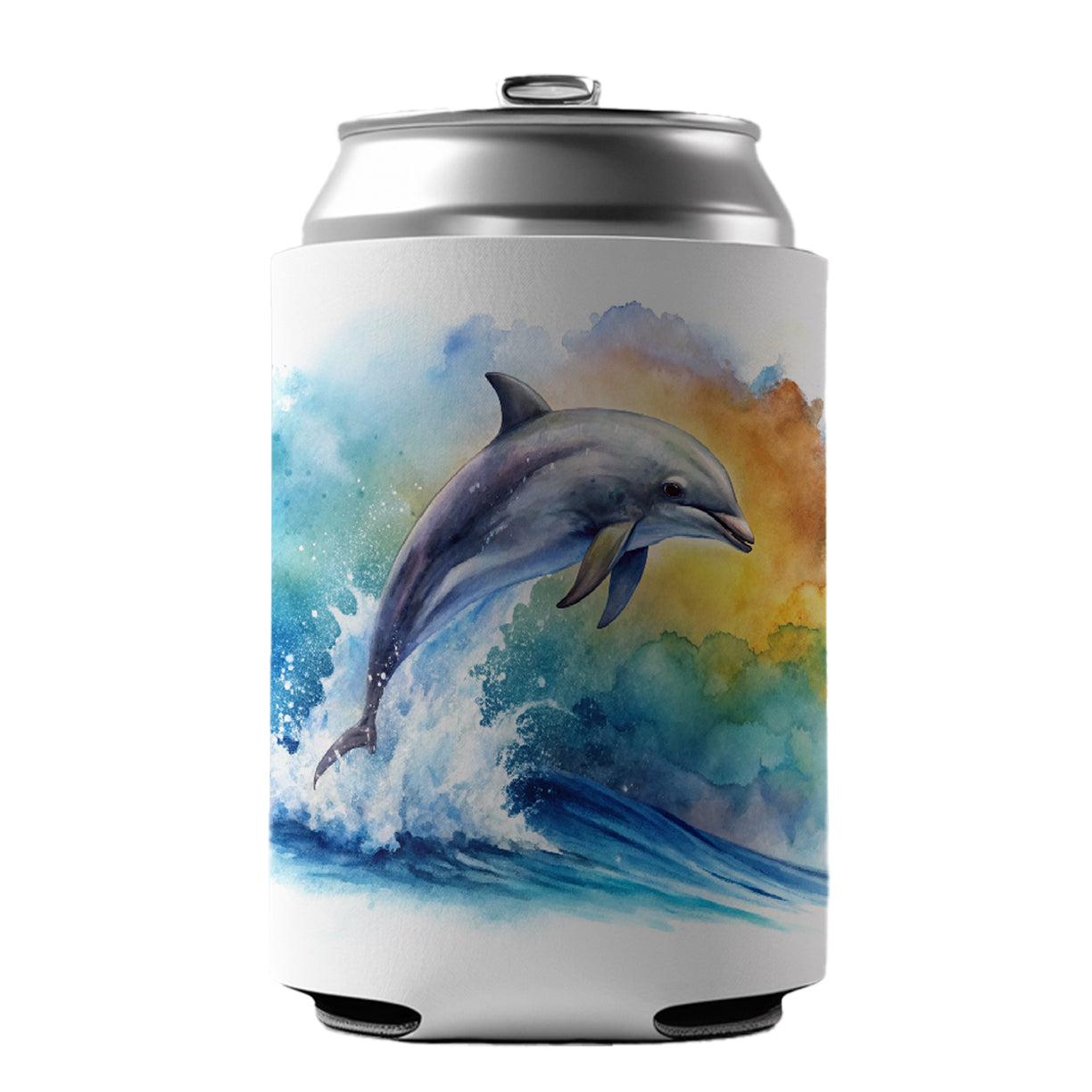Dolphin Jumping In Ocean Watercolor Can Cooler Beer Soda Drink Insulated Holder Sleeve Hugger