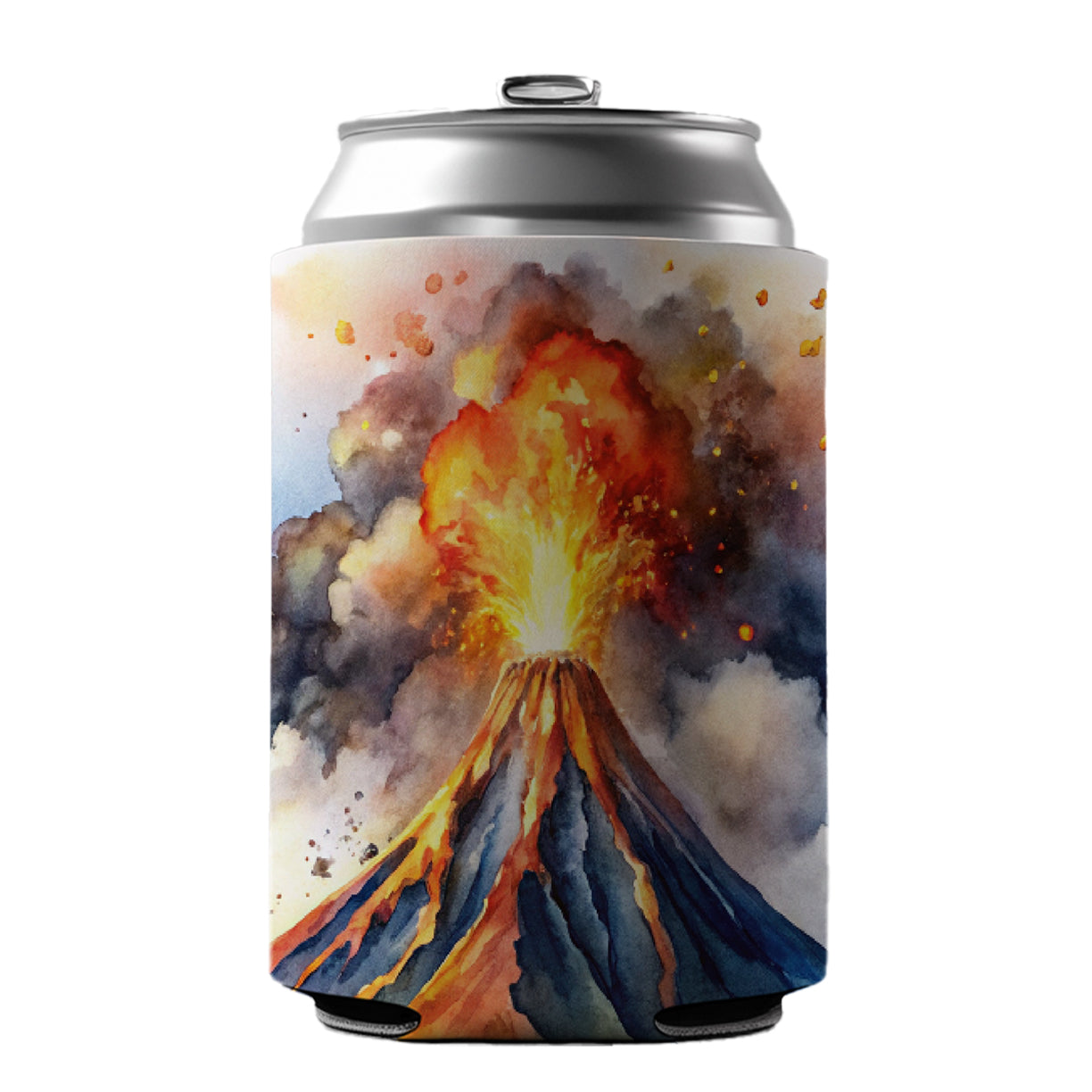 Erupting Volcano Watercolor Can Cooler Beer Soda Drink Insulated Holder Sleeve Hugger