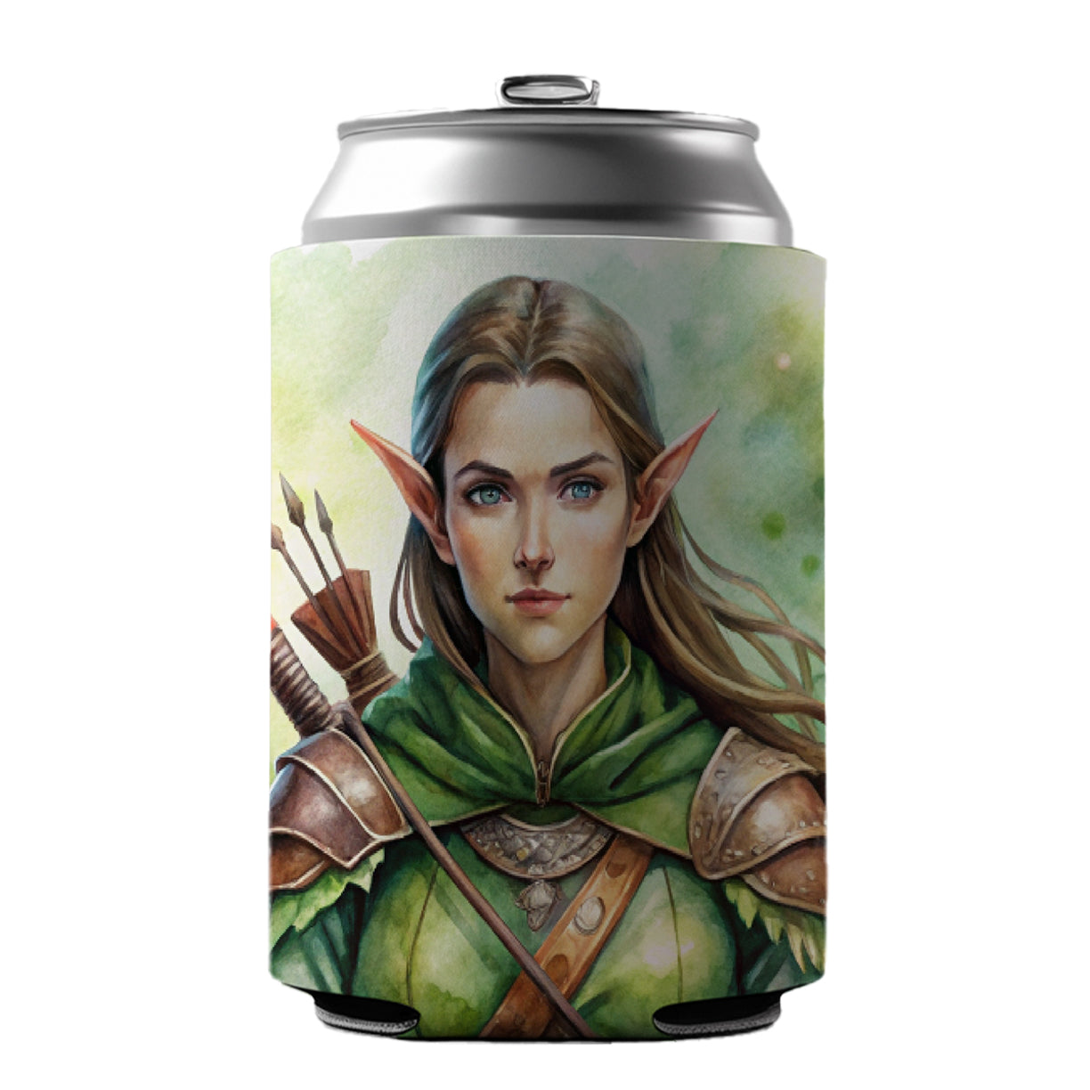 Fantasy Female Elven Ranger Watercolor Can Cooler Beer Soda Drink Insulated Holder Sleeve Hugger