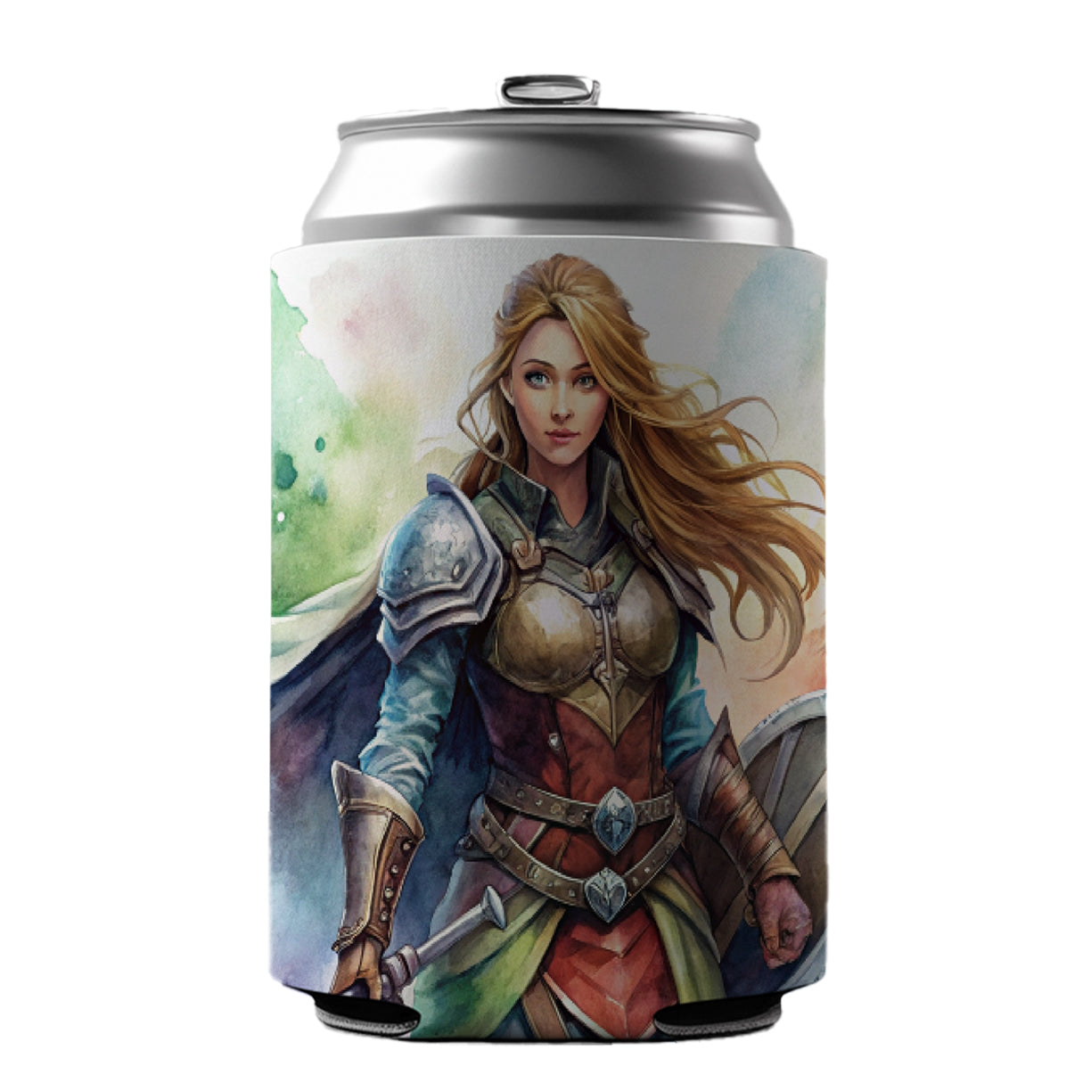 Fantasy Female Fighter Sword Shield-maiden Watercolor Can Cooler Beer Soda Drink Insulated Holder Sleeve Hugger
