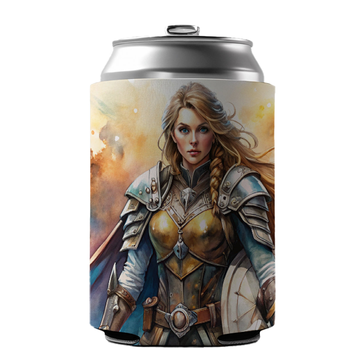 Fantasy Female Warrior Paladin Watercolor Can Cooler Beer Soda Drink Insulated Holder Sleeve Hugger