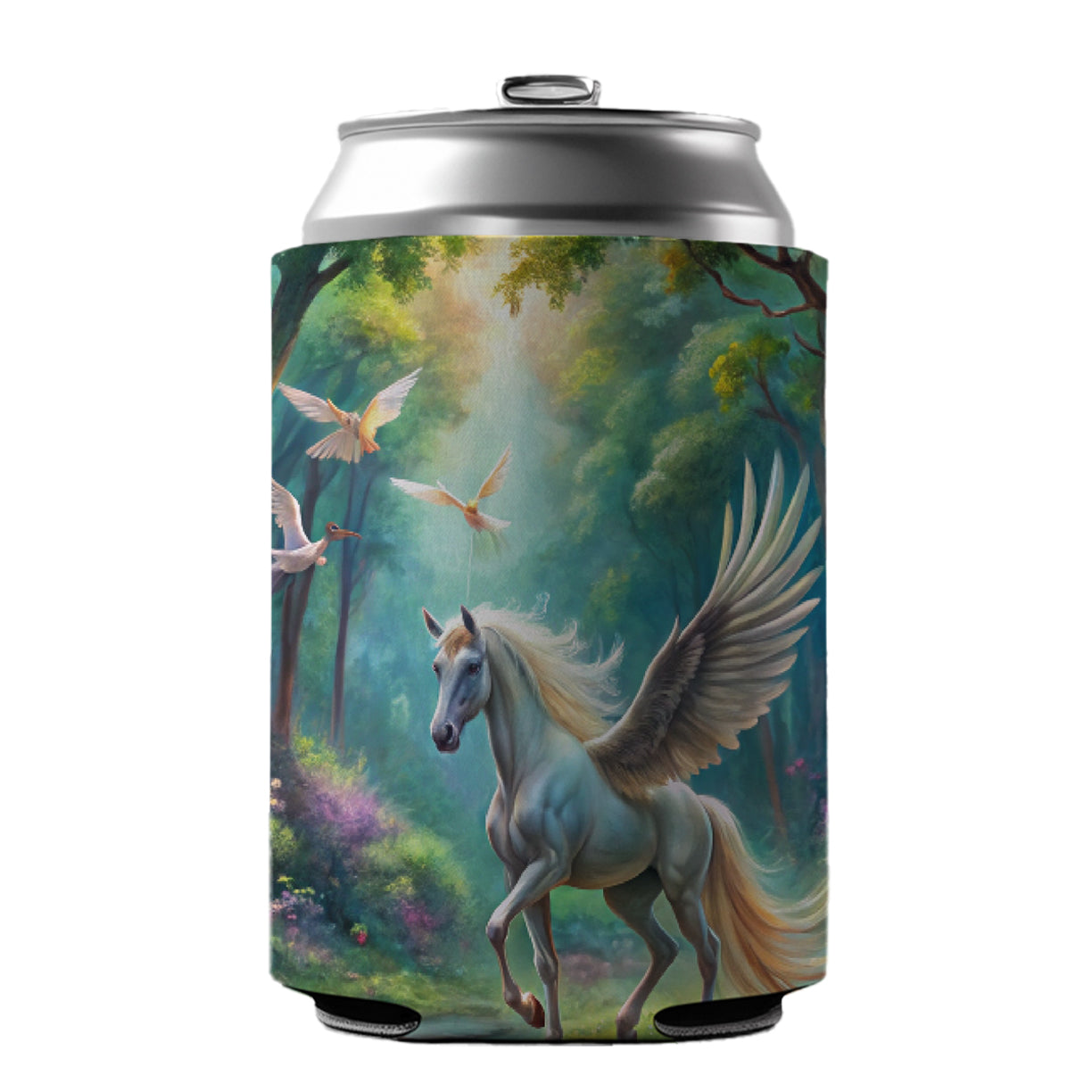 Fantasy Forest With Pegasus Winged-stallion Watercolor Can Cooler Beer Soda Drink Insulated Holder Sleeve Hugger
