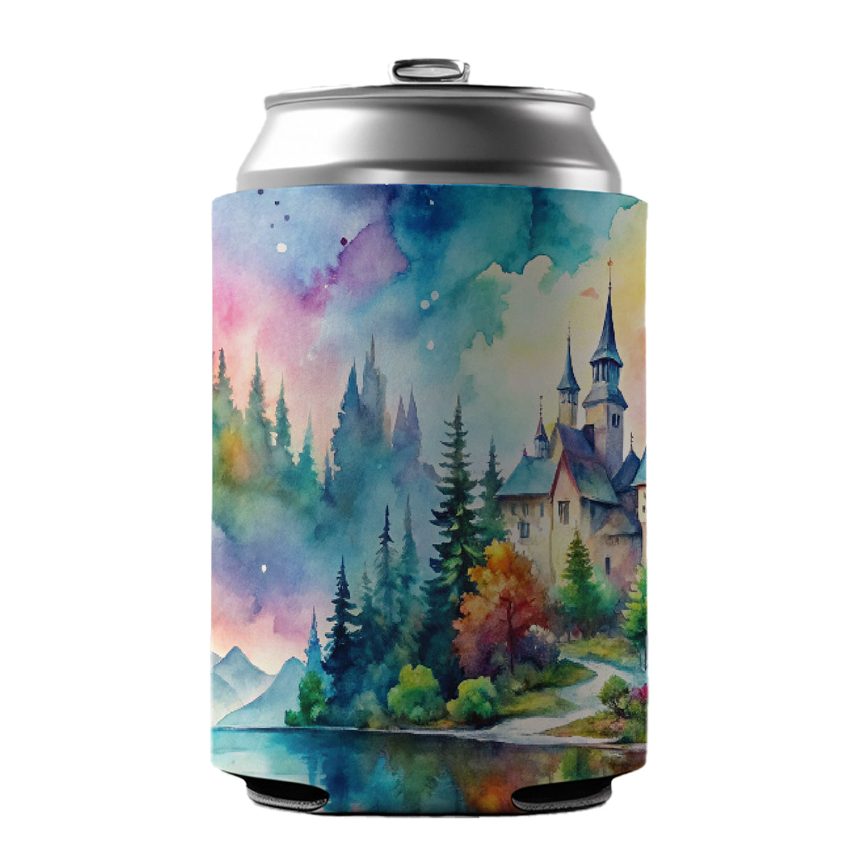 Fantasy Lake And Castle Scene Watercolor Can Cooler Beer Soda Drink Insulated Holder Sleeve Hugger