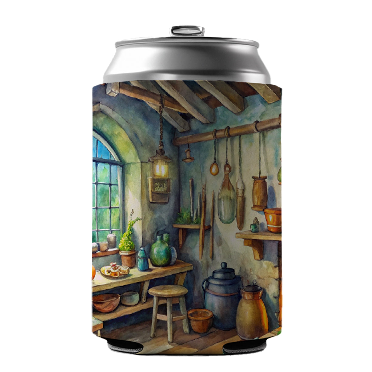 Fantasy Witch's Workshop Watercolor Can Cooler Beer Soda Drink Insulated Holder Sleeve Hugger
