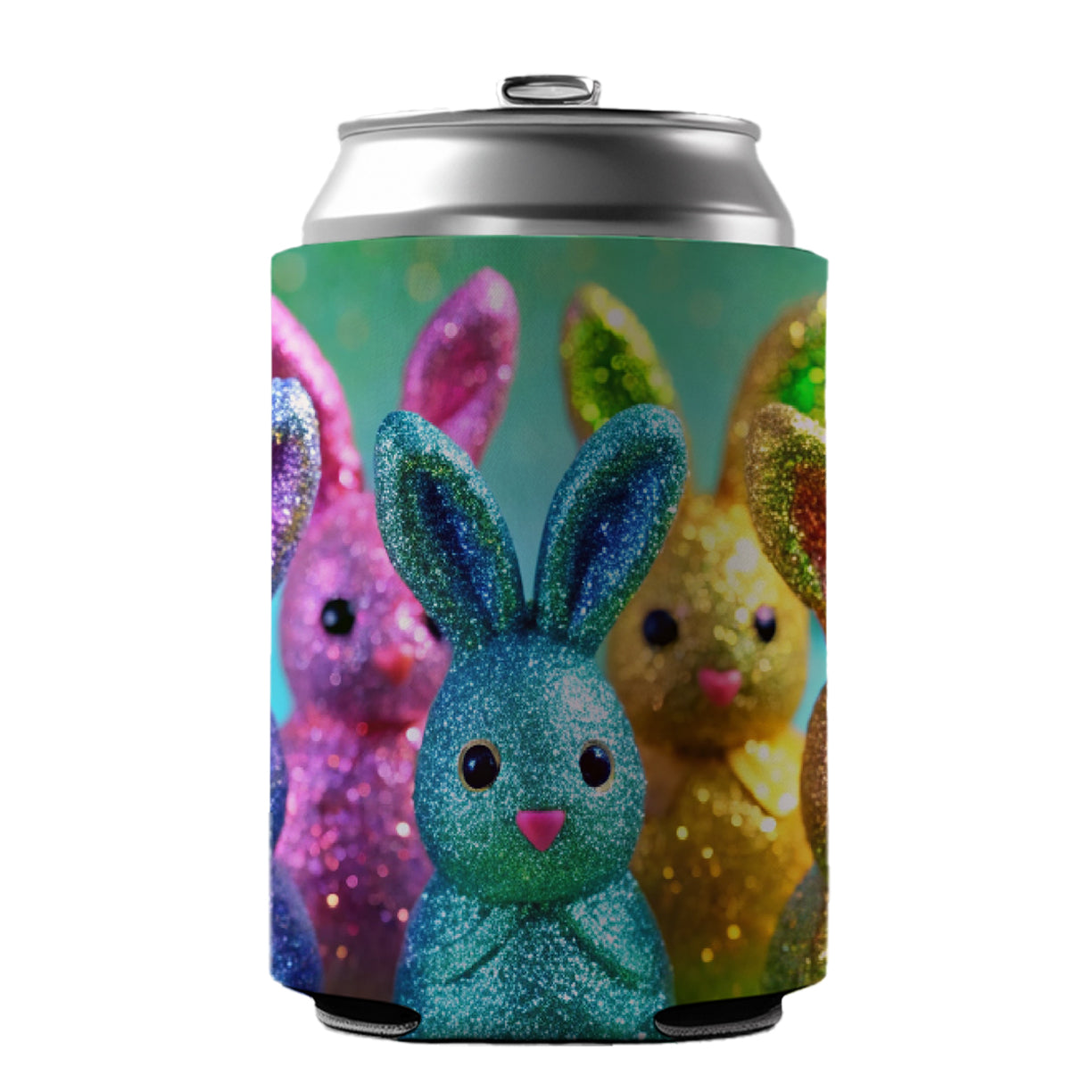 Glitter Easter Bunnies Rabbits Chocolate Can Cooler Beer Soda Drink Insulated Holder Sleeve Hugger
