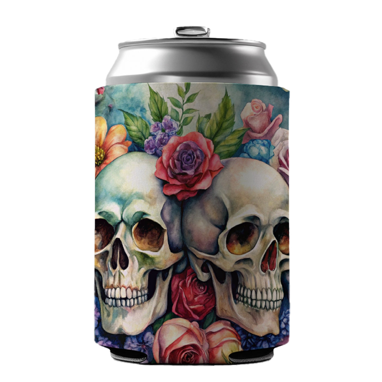 Gothic Skulls And Flowers Watercolor Can Cooler Beer Soda Drink Insulated Holder Sleeve Hugger