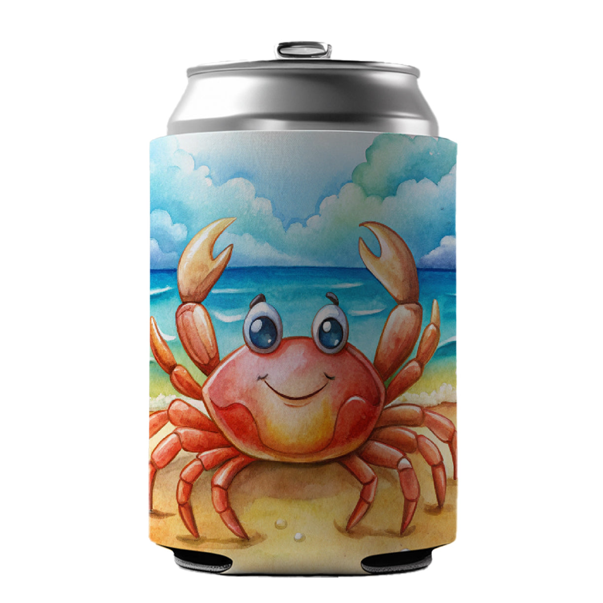 Happy Crab On The Tropical Beach Watercolor Can Cooler Beer Soda Drink Insulated Holder Sleeve Hugger