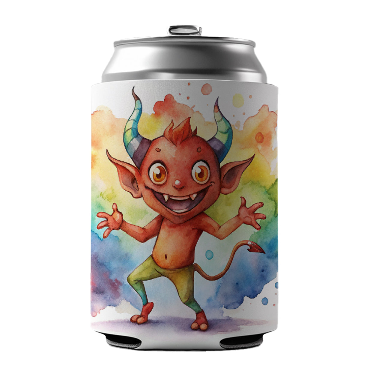 Happy Short Dancing Demon Watercolor Can Cooler Beer Soda Drink Insulated Holder Sleeve Hugger