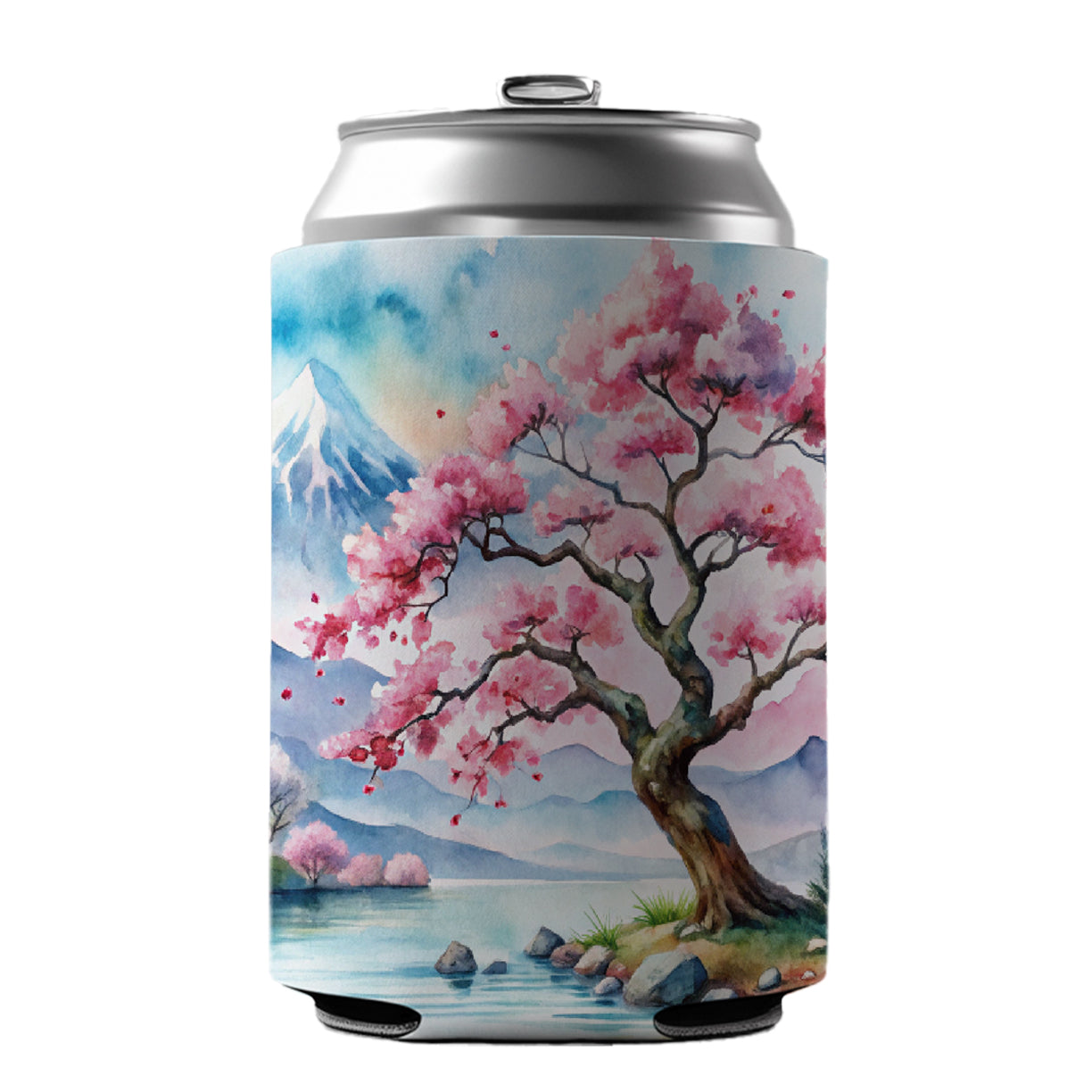 Japanese Cherry Blossom Tree Scene Watercolor Can Cooler Beer Soda Drink Insulated Holder Sleeve Hugger