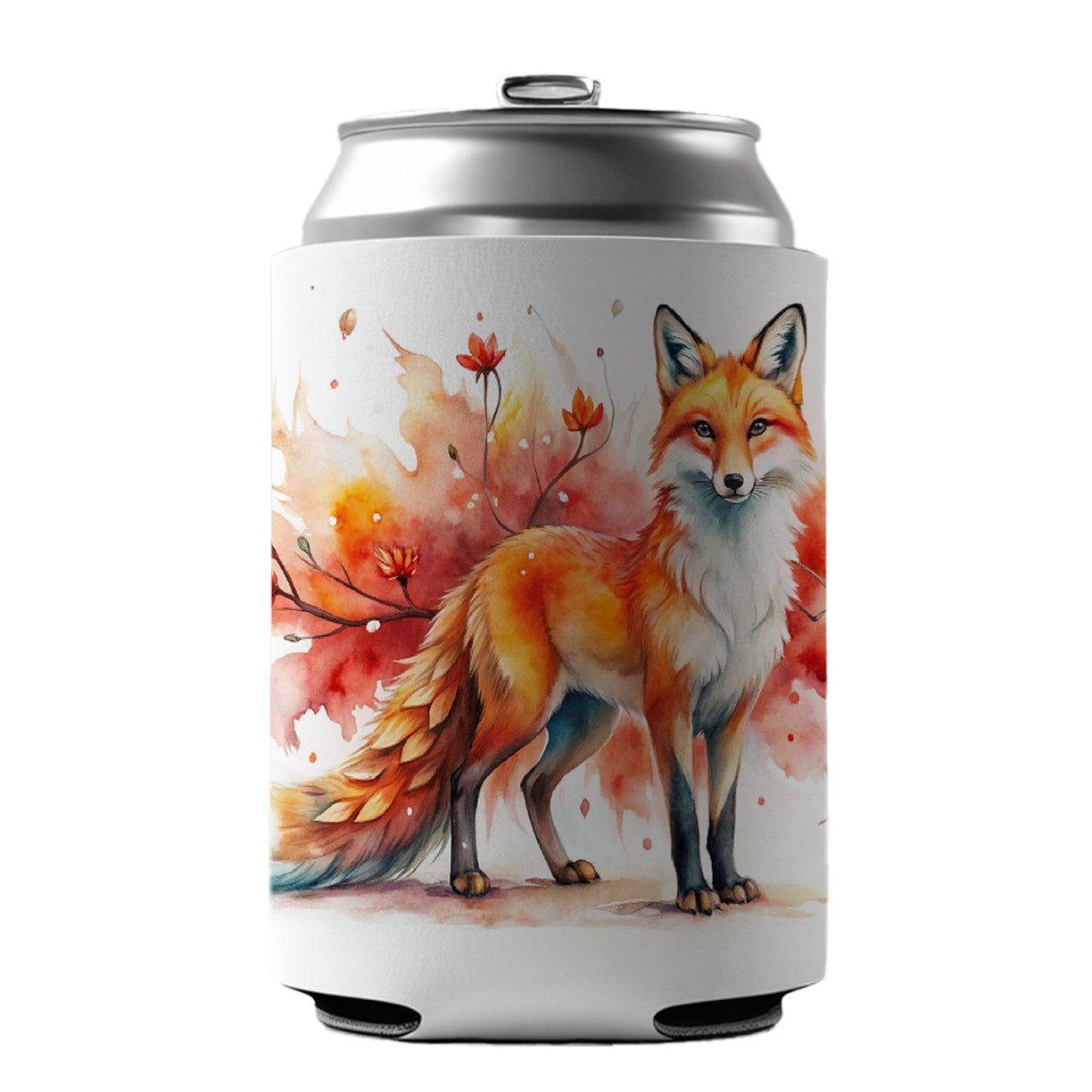 Kitsune Fox Asian Japanese Spirit Animal Folklore Watercolor Can Cooler Beer Soda Drink Insulated Holder Sleeve Hugger