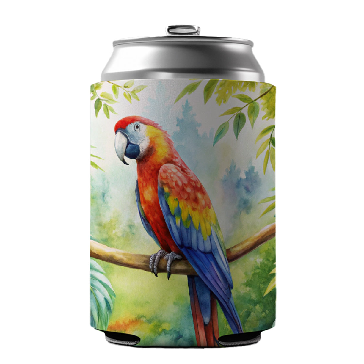 Macaw Parrot In Tree Bird Watercolor Can Cooler Beer Soda Drink Insulated Holder Sleeve Hugger