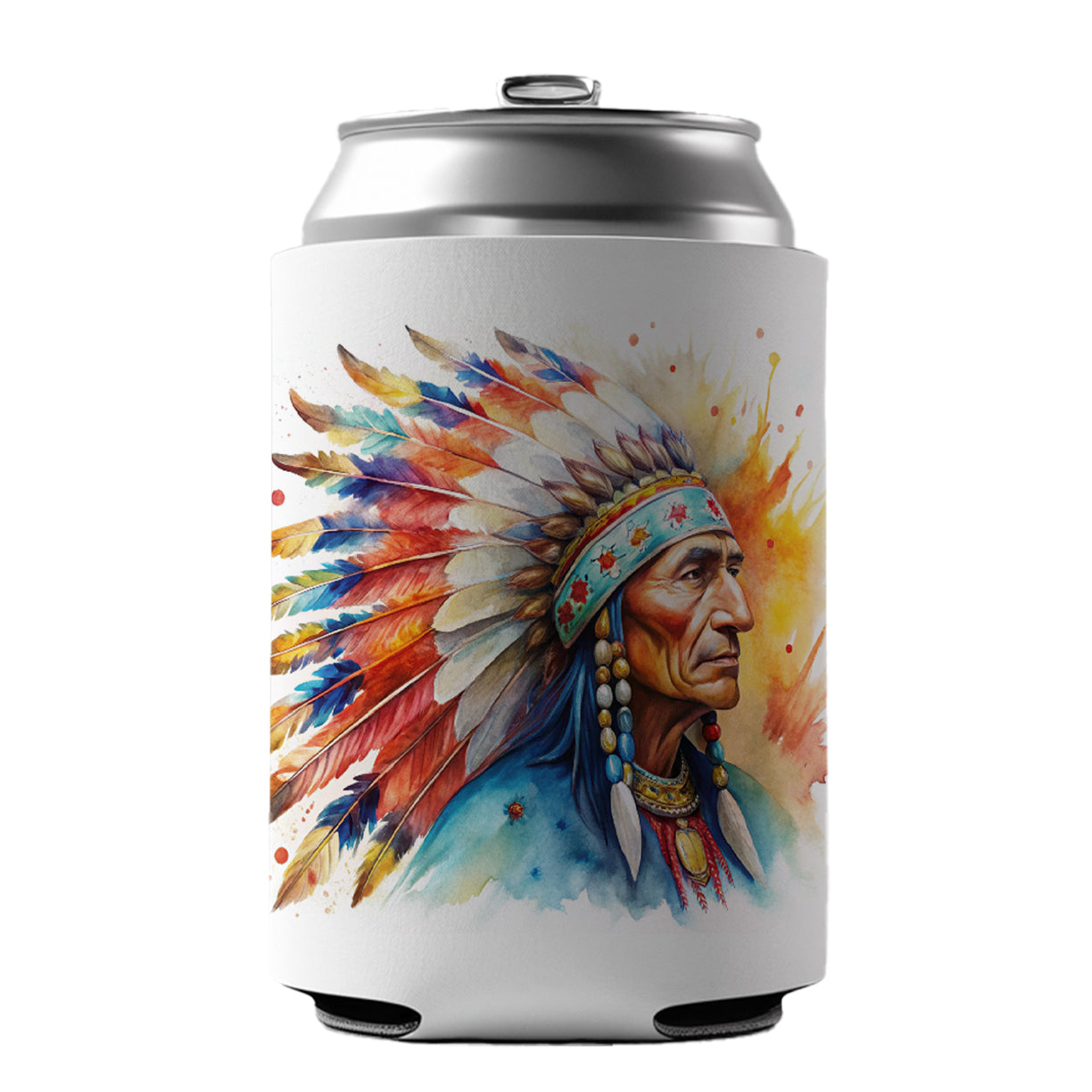 Native American Indian Chief Feather Headdress Watercolor Can Cooler Beer Soda Drink Insulated Holder Sleeve Hugger