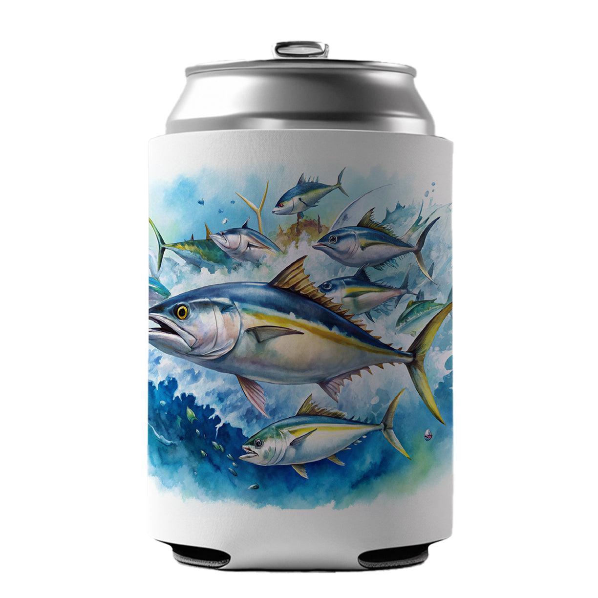 School Of Tuna Deep Sea Sport Fishing Watercolor Can Cooler Beer Soda Drink Insulated Holder Sleeve Hugger