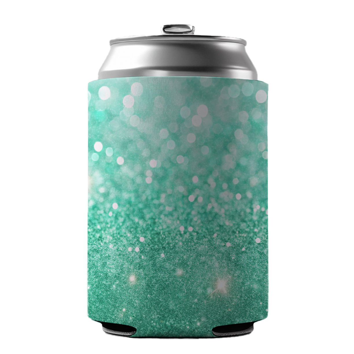 Sea Green Faux Glitter Can Cooler Beer Soda Drink Insulated Holder Sleeve Hugger