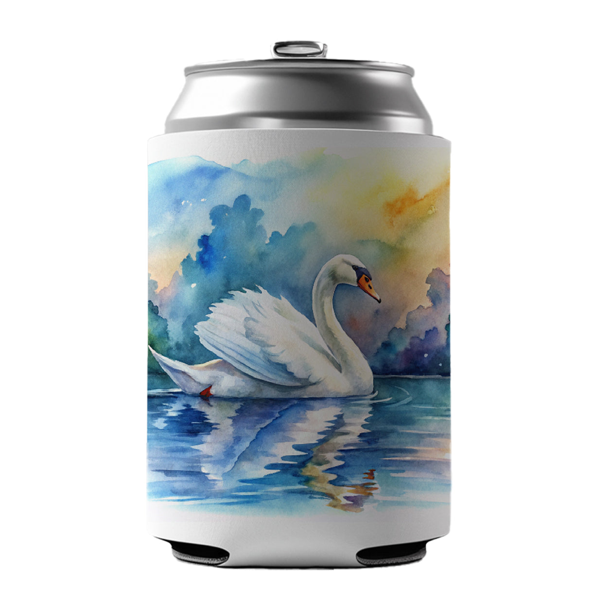 Swan Gliding Across Lake Watercolor Can Cooler Beer Soda Drink Insulated Holder Sleeve Hugger