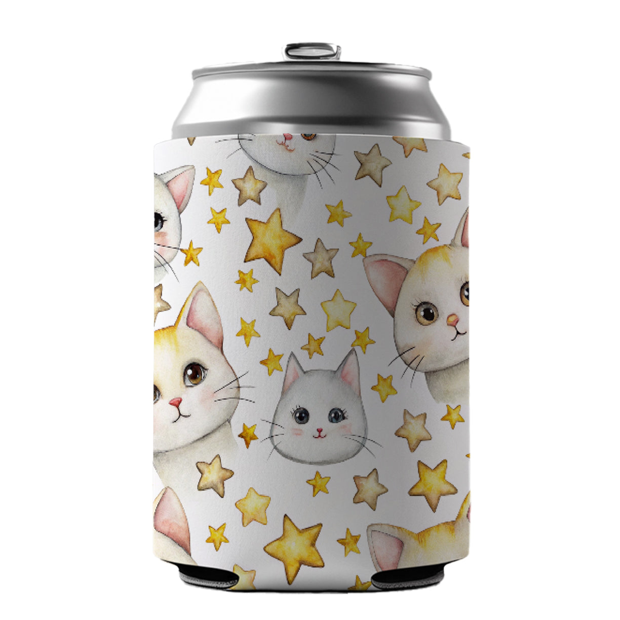 Sweet White Cats Yellow Stars Can Cooler Beer Soda Drink Insulated Holder Sleeve Hugger