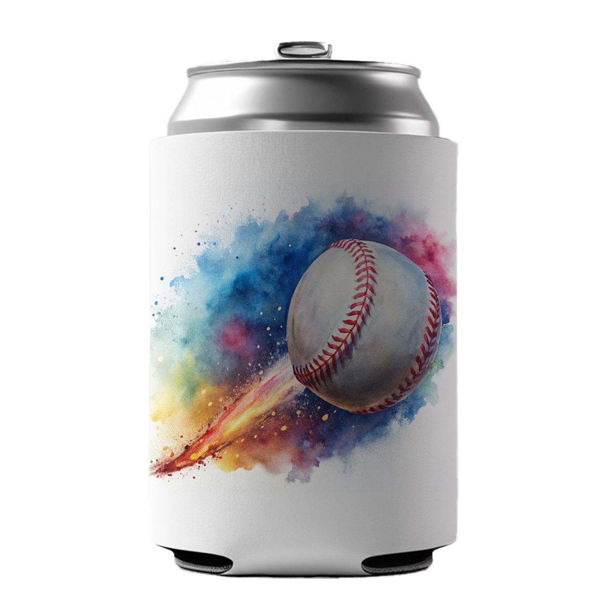 Baseball Rocketing Through The Air Watercolor Can Cooler Beer Soda Drink Insulated Holder Sleeve Hugger
