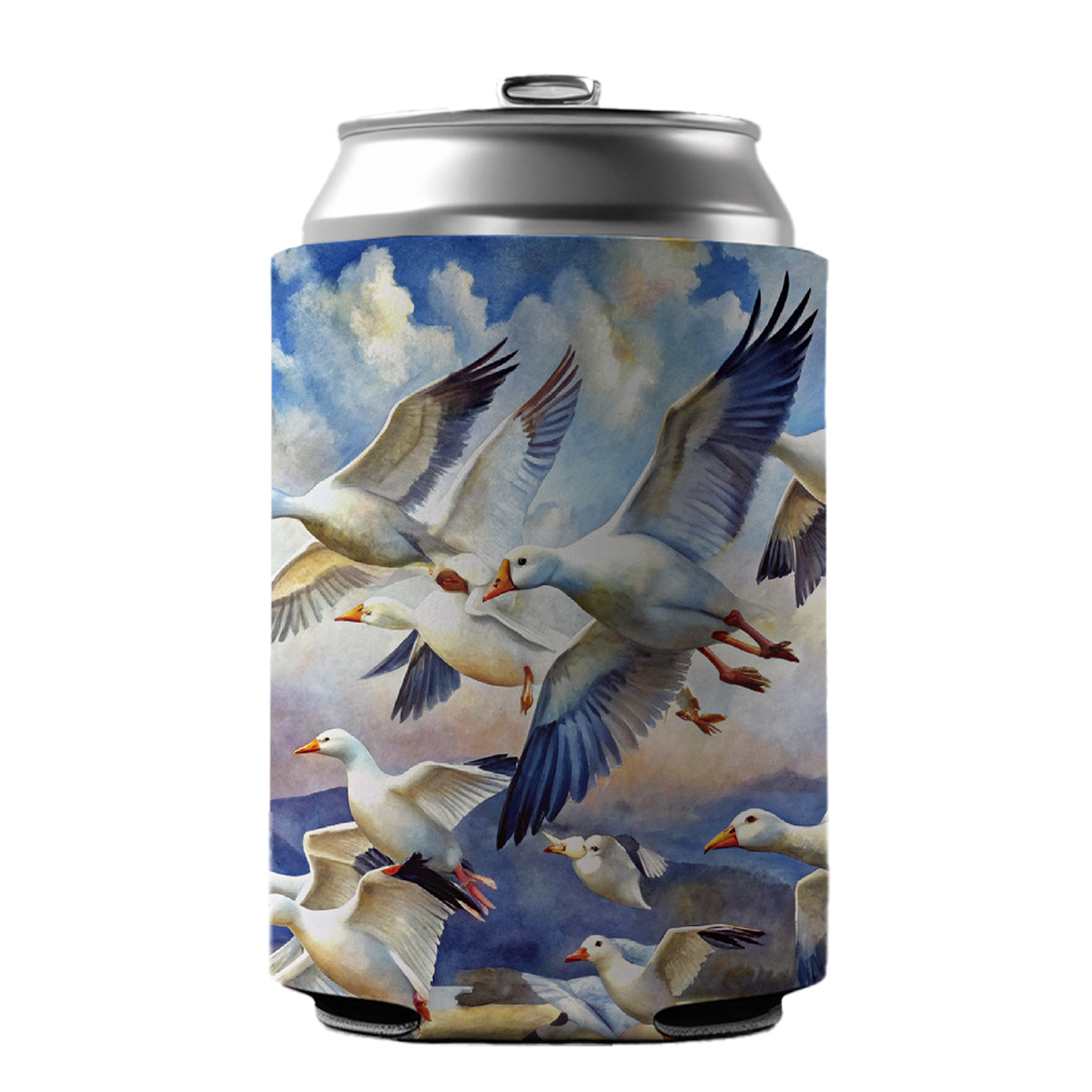 Flock Of Snow Geese In Flight Watercolor Can Cooler Beer Soda Drink Insulated Holder Sleeve Hugger